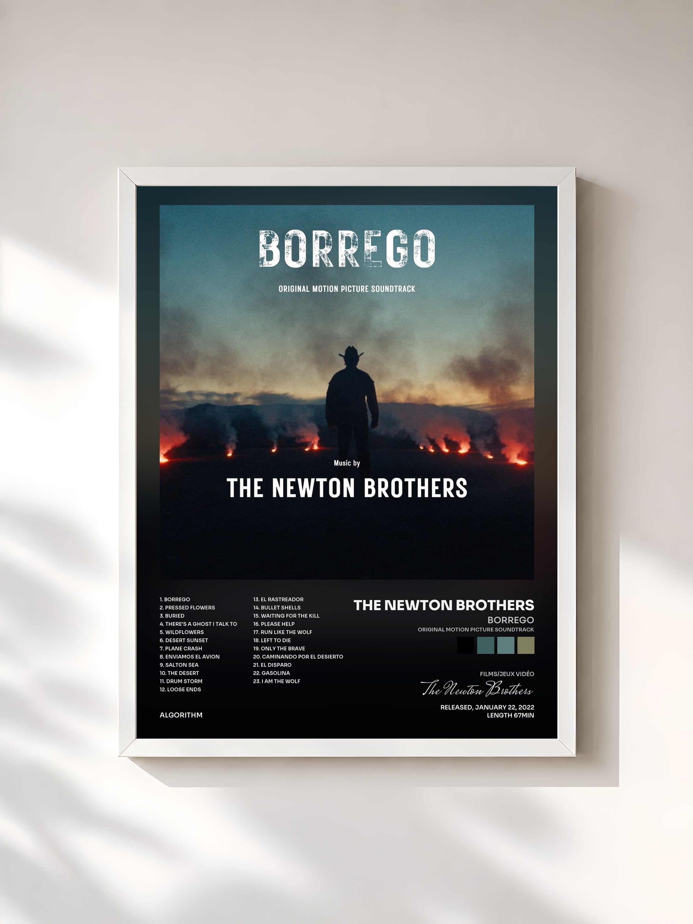 #blanc Tableau de l'album Borrego (Original Motion Picture Soundtrack) de The Newton Brothers, cadre blanc, imprimé et encadré en France