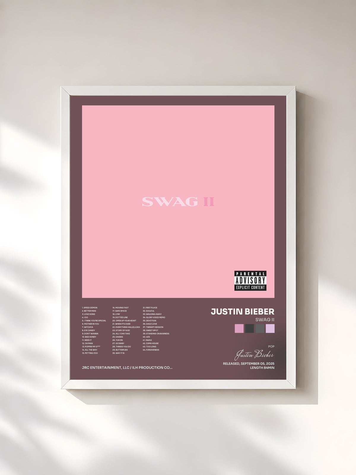#blanc Tableau de l'album SWAG II de Justin Bieber, cadre blanc, imprimé et encadré en France