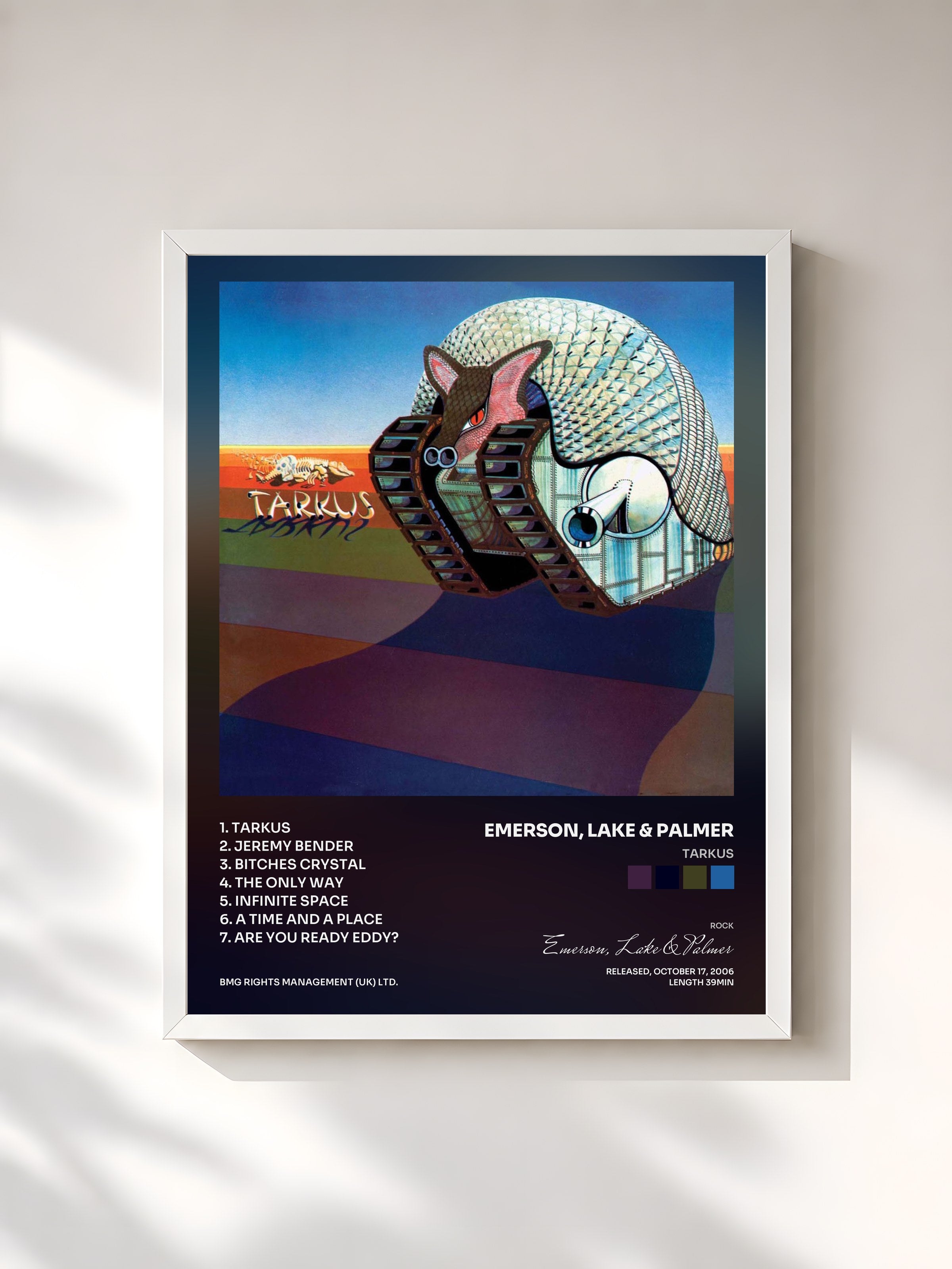#blanc Tableau de l'album Tarkus de Emerson, Lake & Palmer, cadre blanc, imprimé et encadré en France