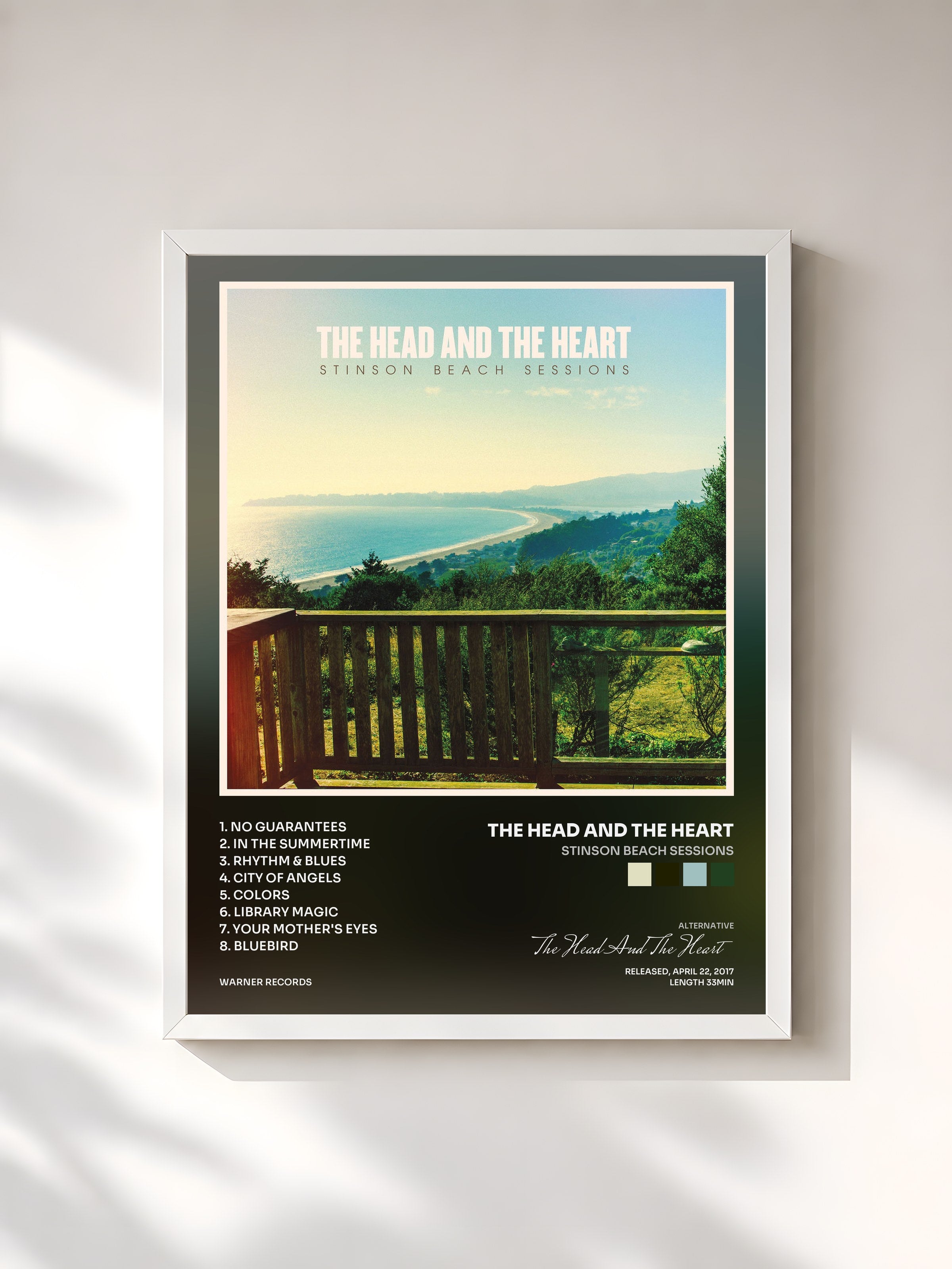 #blanc Tableau de l'album Stinson Beach Sessions de The Head And The Heart, cadre blanc, imprimé et encadré en France