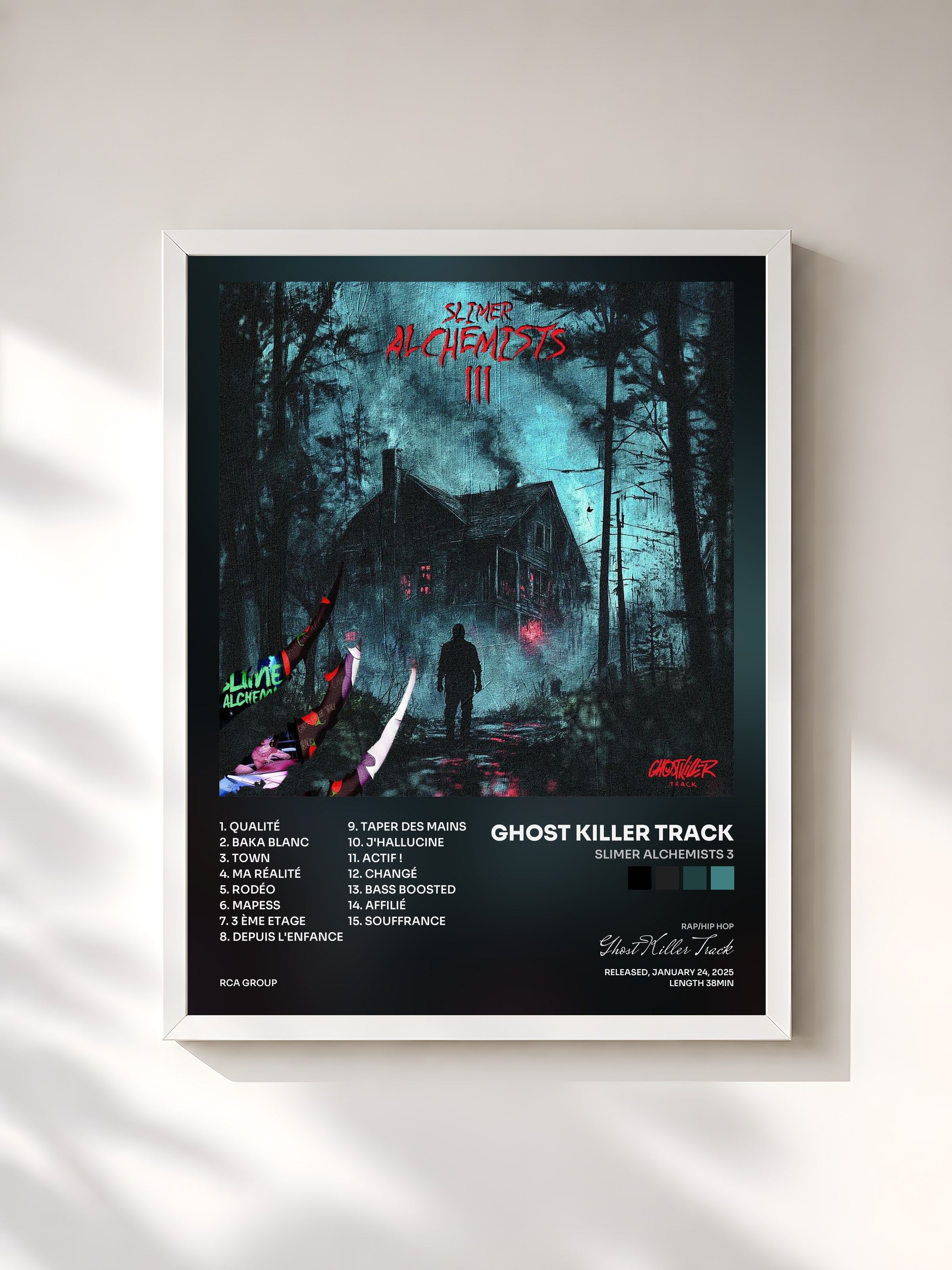 #blanc Tableau de l'album Slimer Alchemists 3 de Ghost Killer Track, cadre blanc, imprimé et encadré en France