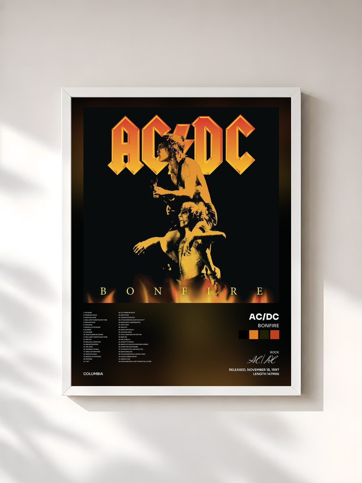 #blanc Tableau de l'album Bonfire de AC/DC, cadre blanc, imprimé et encadré en France