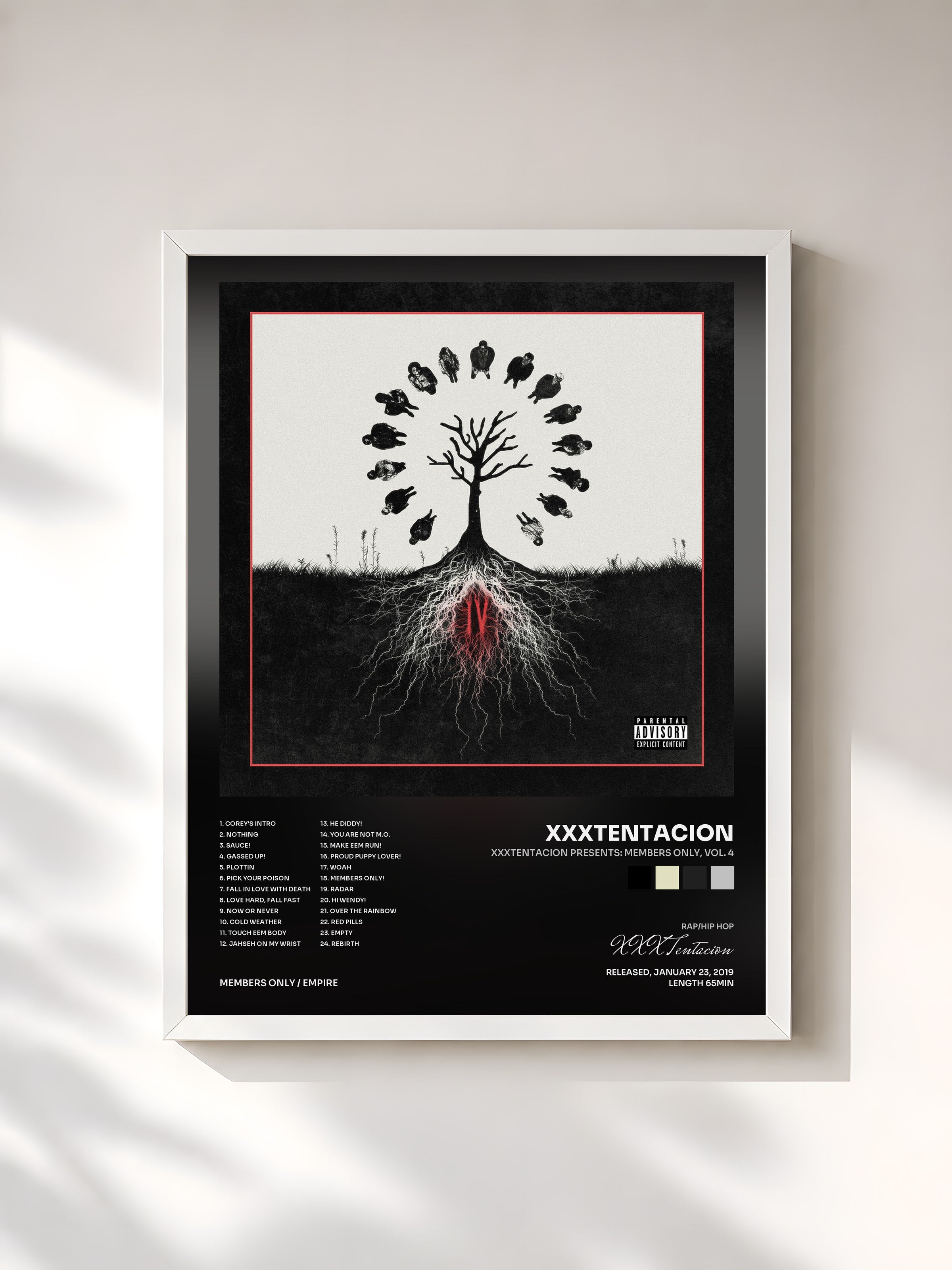 #blanc Tableau de l'album XXXTENTACION Presents: Members Only, Vol. 4 de XXXTentacion, cadre blanc, imprimé et encadré en France