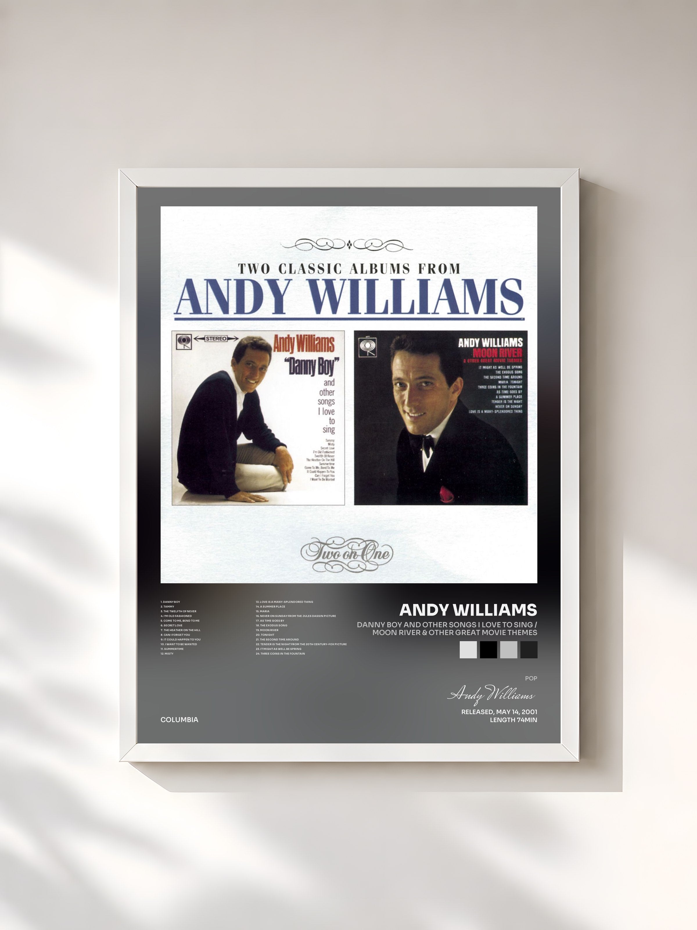 #blanc Tableau de l'album Danny Boy and Other Songs I Love To Sing / Moon River & Other Great Movie Themes de Andy Williams, cadre blanc, imprimé et encadré en France