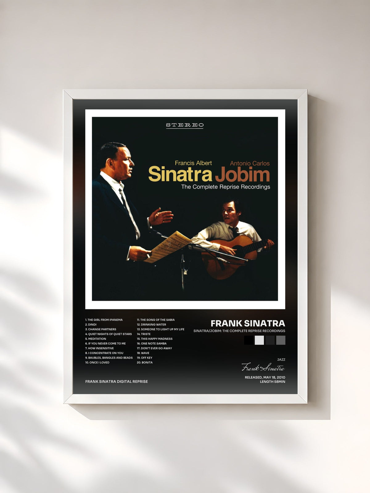 #blanc Tableau de l'album Sinatra/Jobim: The Complete Reprise Recordings de Frank Sinatra, cadre blanc, imprimé et encadré en France