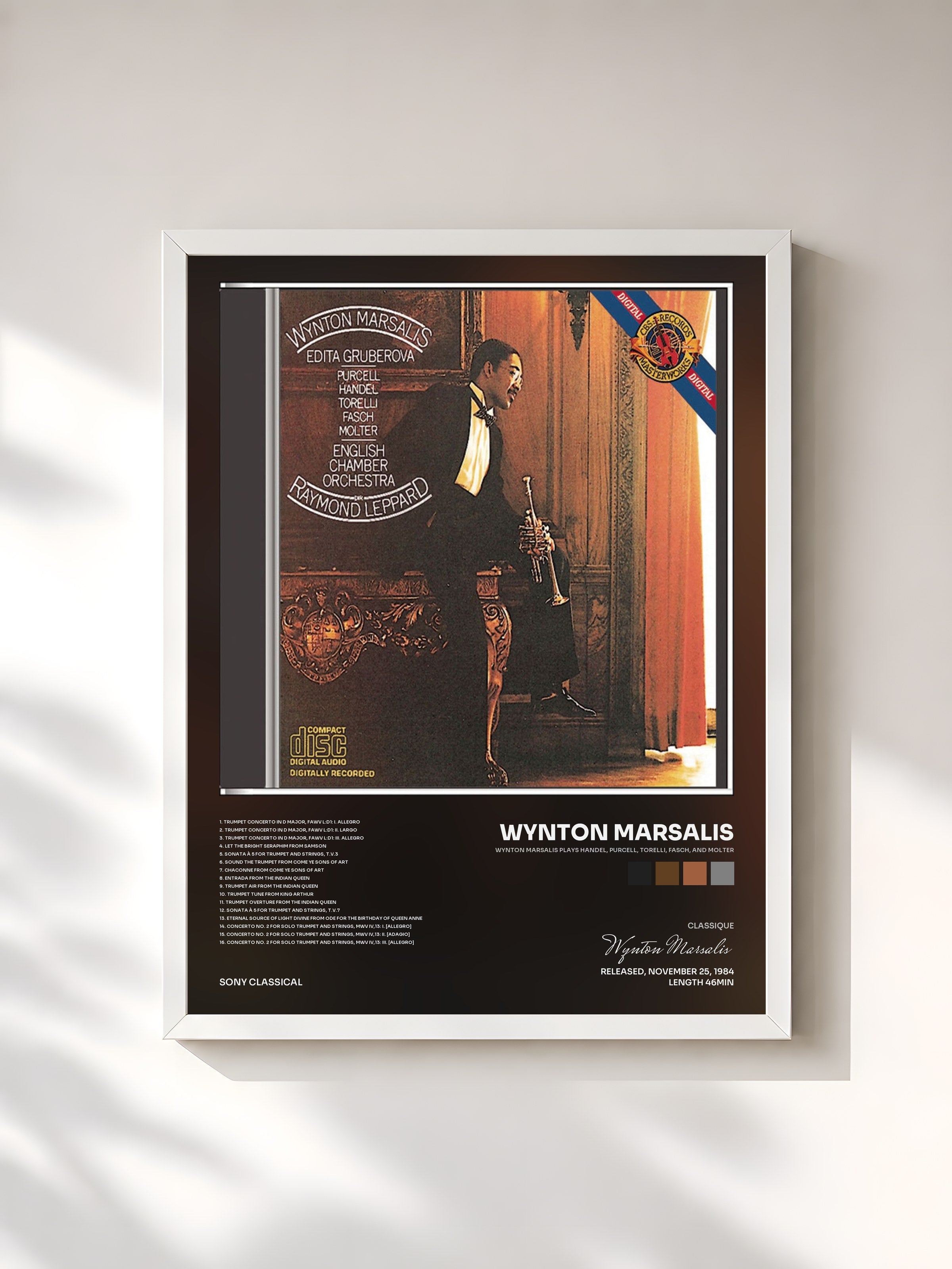 #blanc Tableau de l'album Wynton Marsalis Plays Handel, Purcell, Torelli, Fasch, and Molter de Wynton Marsalis, cadre blanc, imprimé et encadré en France