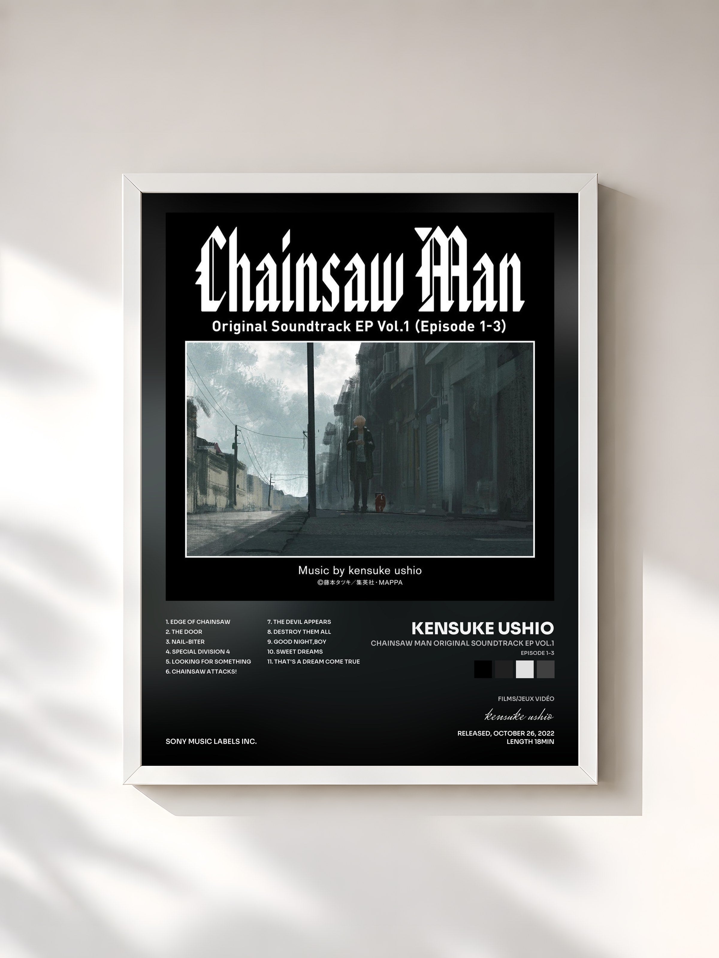#blanc Tableau de l'album Chainsaw Man Original Soundtrack EP Vol.1 (Episode 1-3) de kensuke ushio, cadre blanc, imprimé et encadré en France