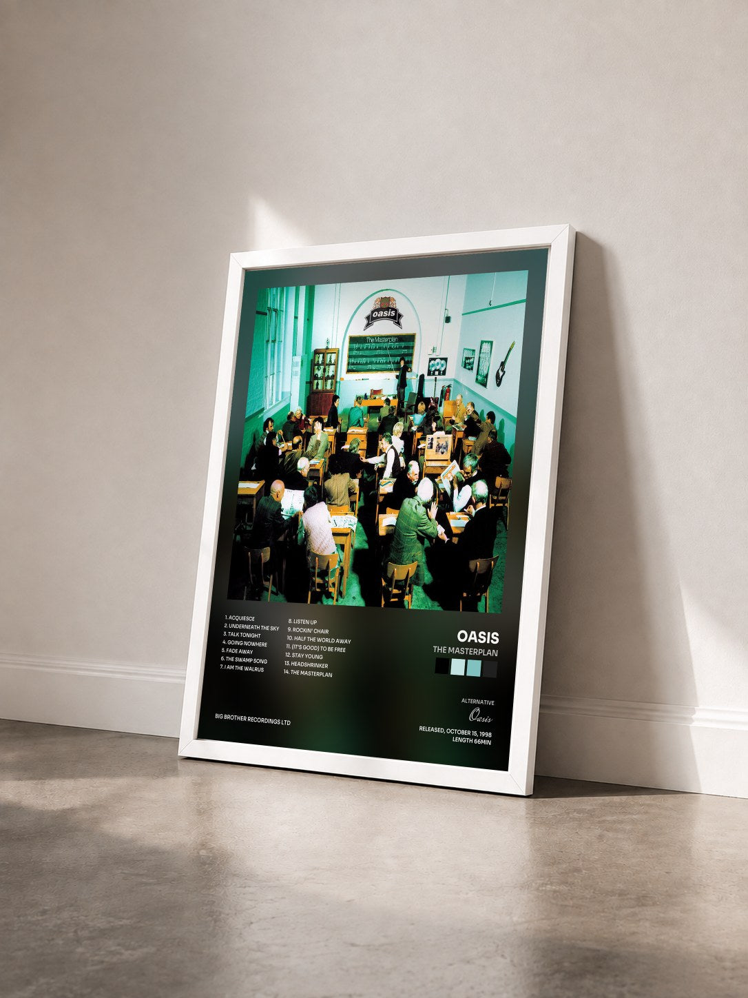 #blanc Tableau de l'album The Masterplan de Oasis vu de trois quarts, cadre blanc