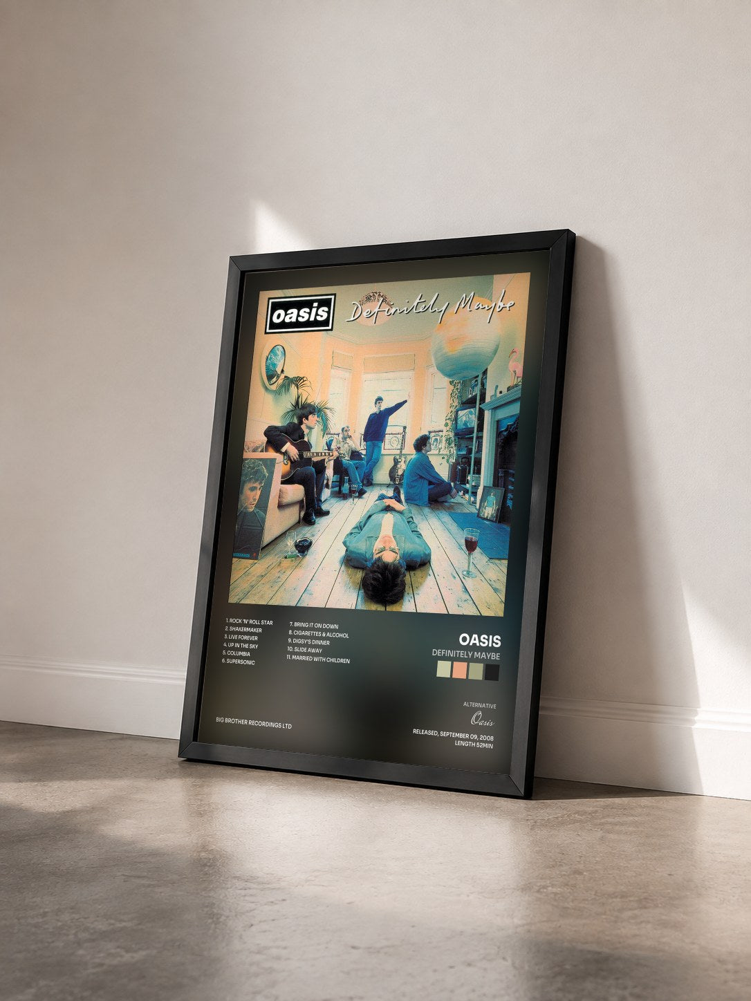 #noir Tableau de l'album Definitely Maybe de Oasis vu de trois quarts, cadre noir