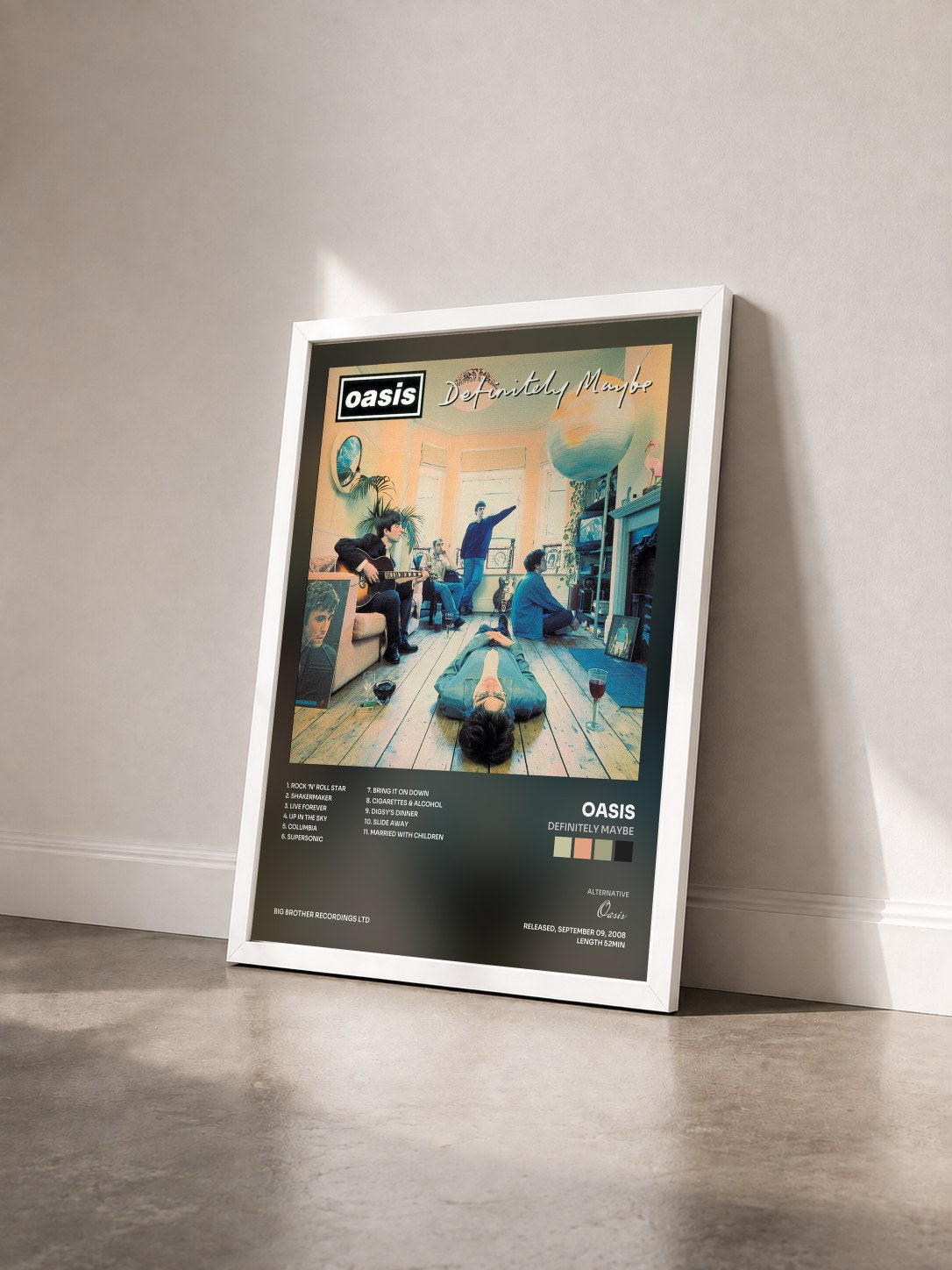 #blanc Tableau de l'album Definitely Maybe de Oasis vu de trois quarts, cadre blanc