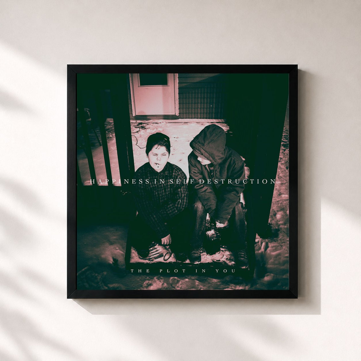#noir Tableau carré de l'album Happiness in Self Destruction de The Plot In You, cadre noir 32x32 cm