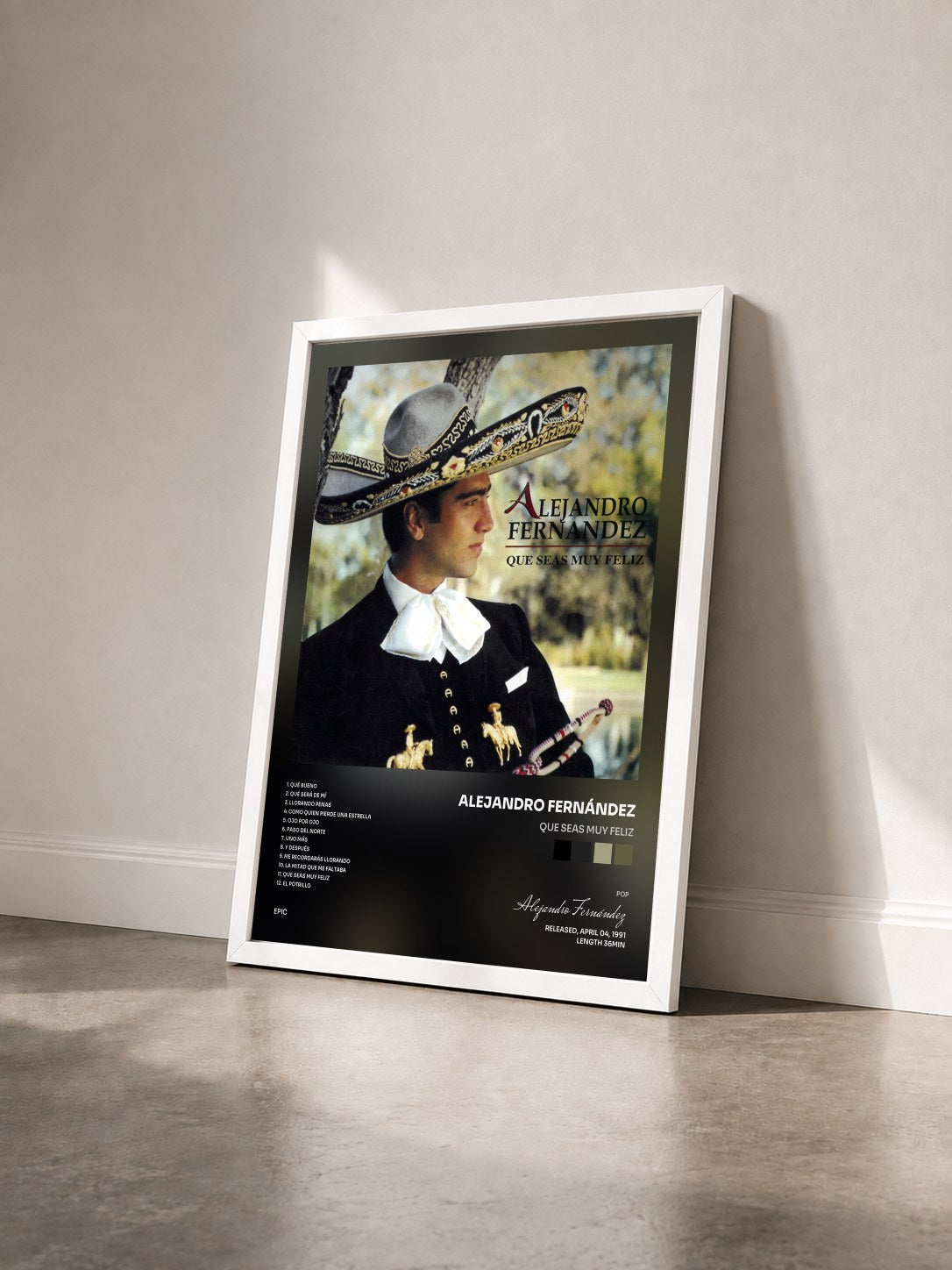 #blanc Tableau de l'album Que Seas Muy Feliz de Alejandro Fernández vu de trois quarts, cadre blanc