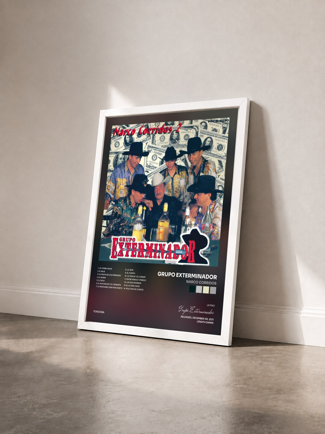 #blanc Tableau de l'album Narco Corridos de Grupo Exterminador vu de trois quarts, cadre blanc