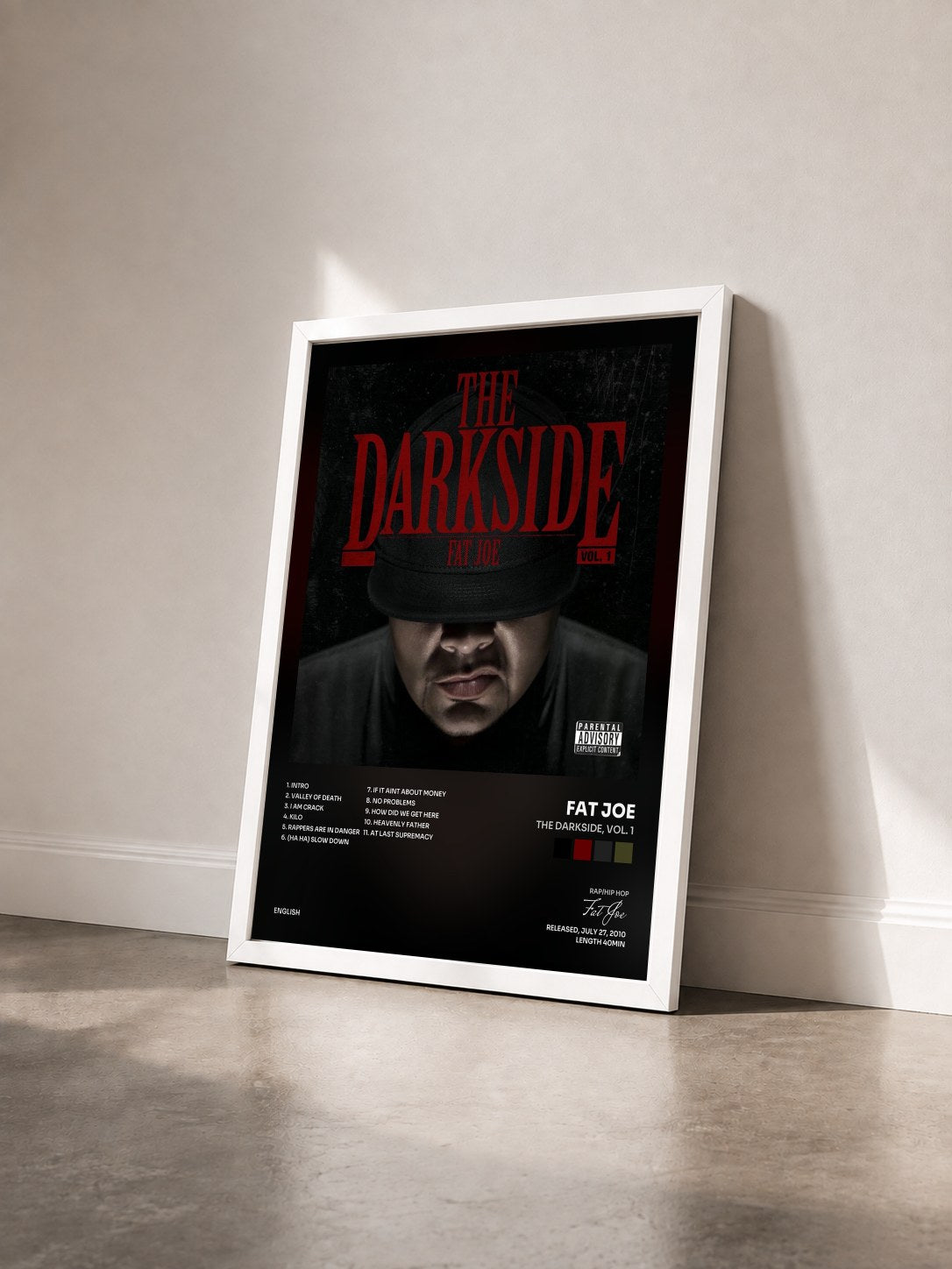 #blanc Tableau de l'album The Darkside, Vol. 1 de Fat Joe vu de trois quarts, cadre blanc