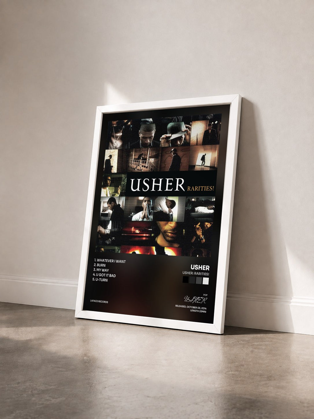 #blanc Tableau de l'album Usher: Rarities! de USHER vu de trois quarts, cadre blanc