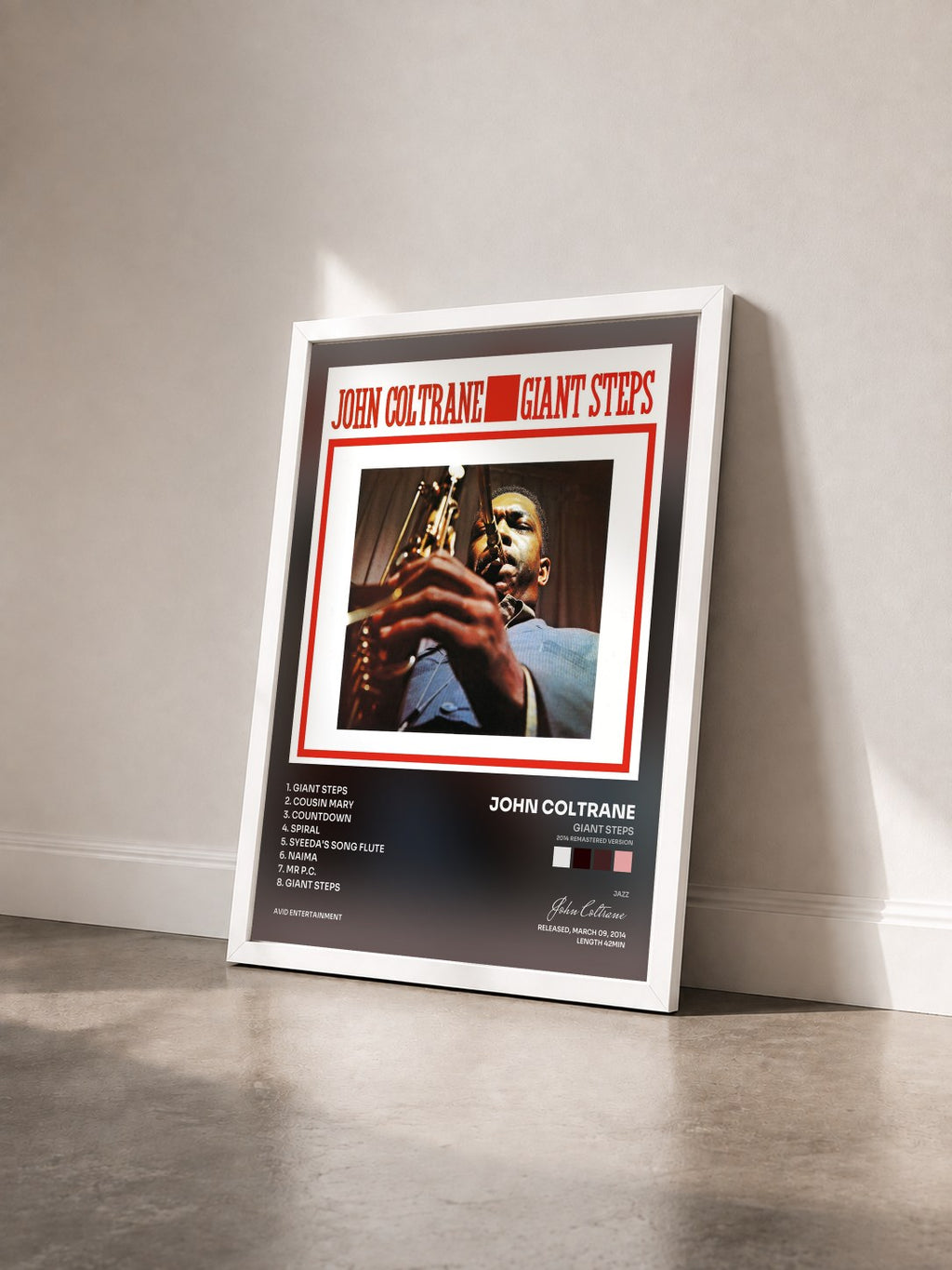 #blanc Tableau de l'album Giant Steps (2014 Remastered Version) de John Coltrane vu de trois quarts, cadre blanc