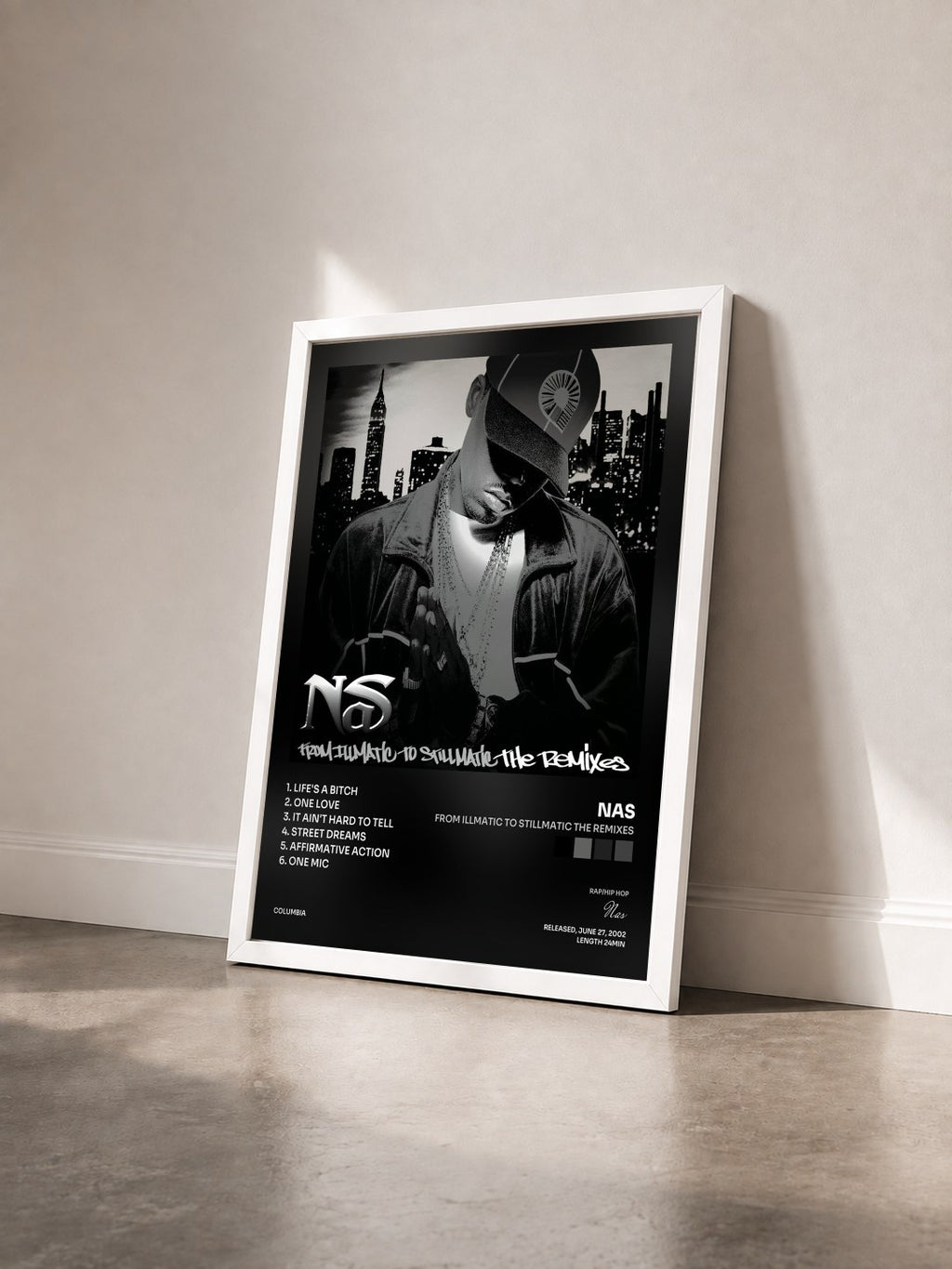 #blanc Tableau de l'album From Illmatic To Stillmatic The Remixes de Nas vu de trois quarts, cadre blanc