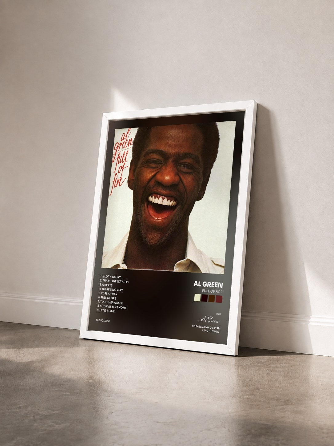 #blanc Full of Fire von Al Green als gerahmter Kunstdruck von schräg gesehen, weißer Rahmen