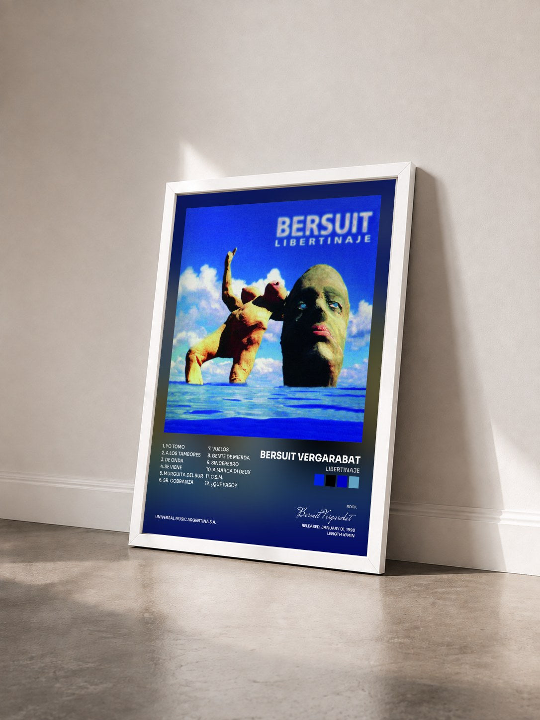 #blanc Tableau de l'album Libertinaje de Bersuit Vergarabat vu de trois quarts, cadre blanc