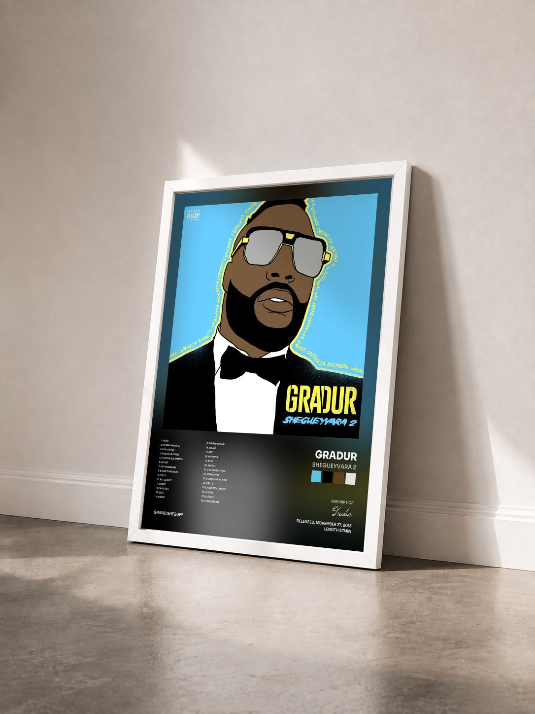 #blanc Tableau de l'album ShegueyVara 2 de Gradur vu de trois quarts, cadre blanc