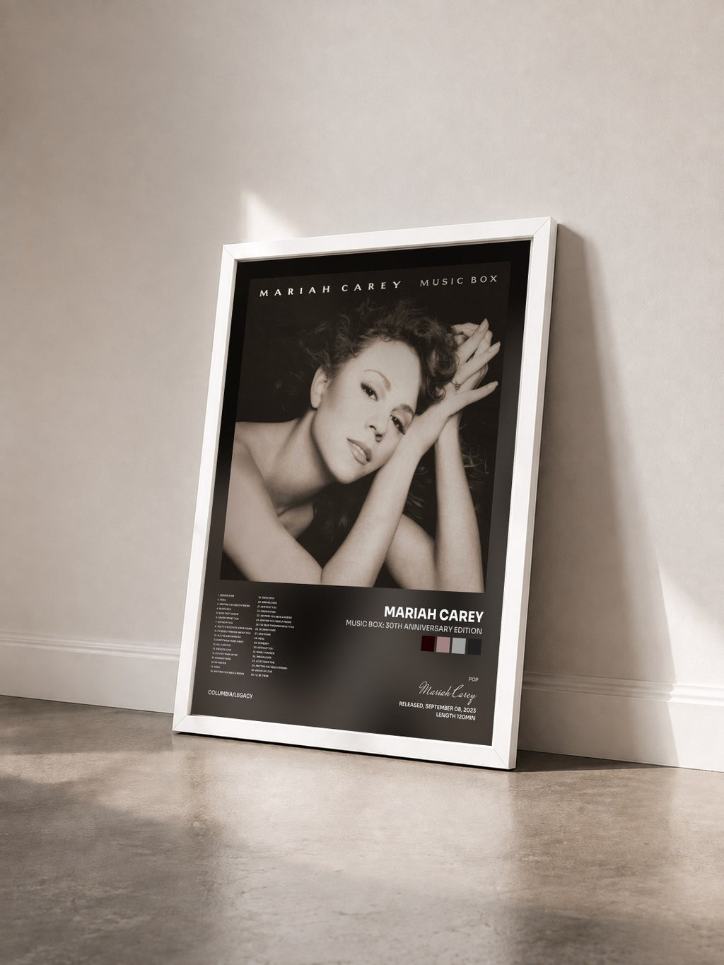 #blanc Tableau de l'album Music Box: 30th Anniversary Edition de Mariah Carey vu de trois quarts, cadre blanc