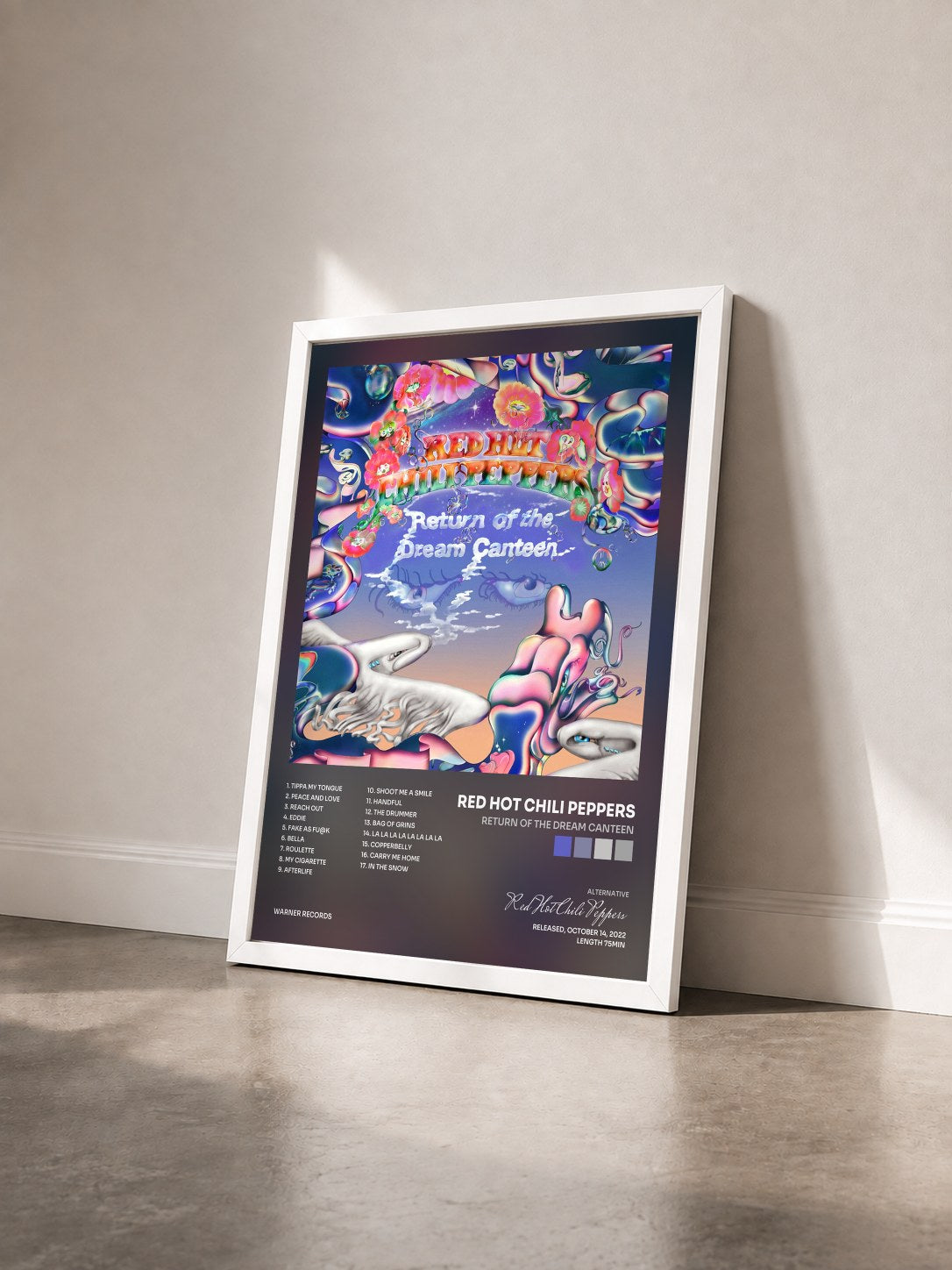 #blanc Tableau de l'album Return of the Dream Canteen de Red Hot Chili Peppers vu de trois quarts, cadre blanc