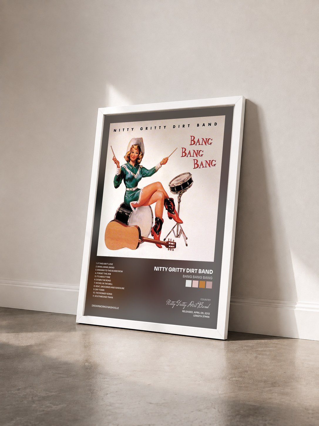 #blanc Tableau de l'album Bang Bang Bang de Nitty Gritty Dirt Band vu de trois quarts, cadre blanc