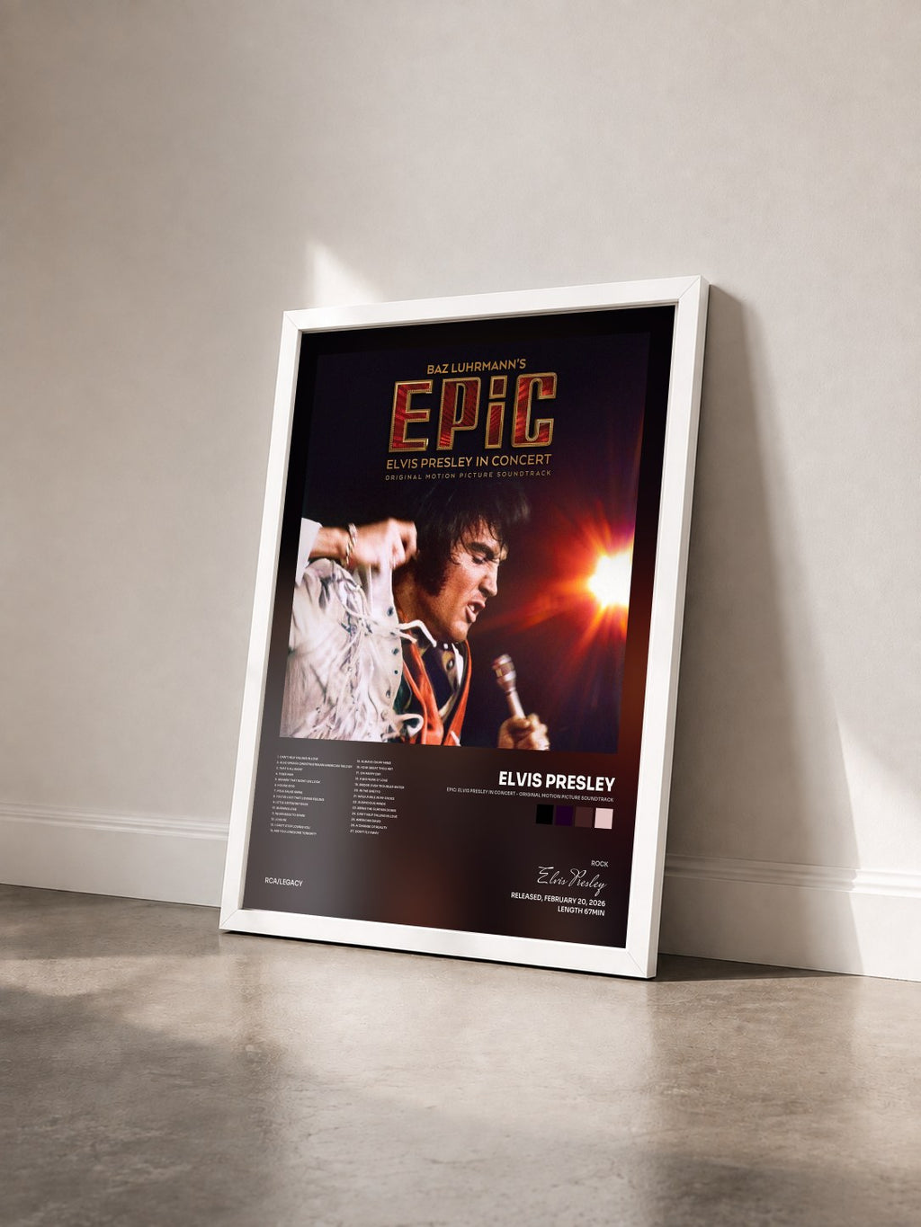 #blanc EPiC: Elvis Presley in Concert - Original Motion Picture Soundtrack by Elvis Presley as a framed art print seen at an angle, white frame
