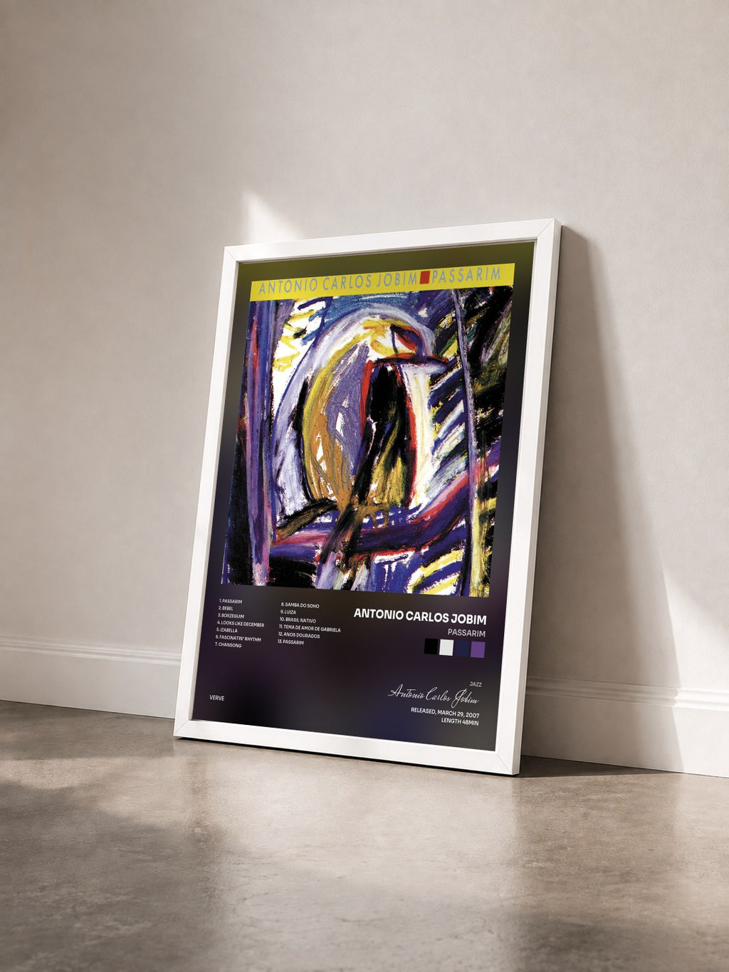 #blanc Tableau de l'album Passarim de Antonio Carlos Jobim vu de trois quarts, cadre blanc