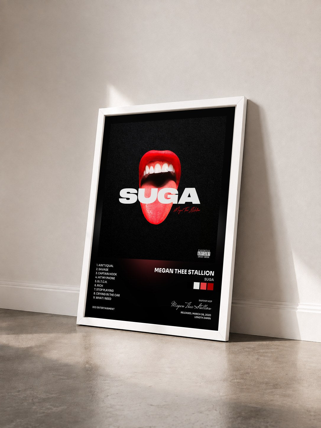 #blanc Tableau de l'album Suga de Megan Thee Stallion vu de trois quarts, cadre blanc