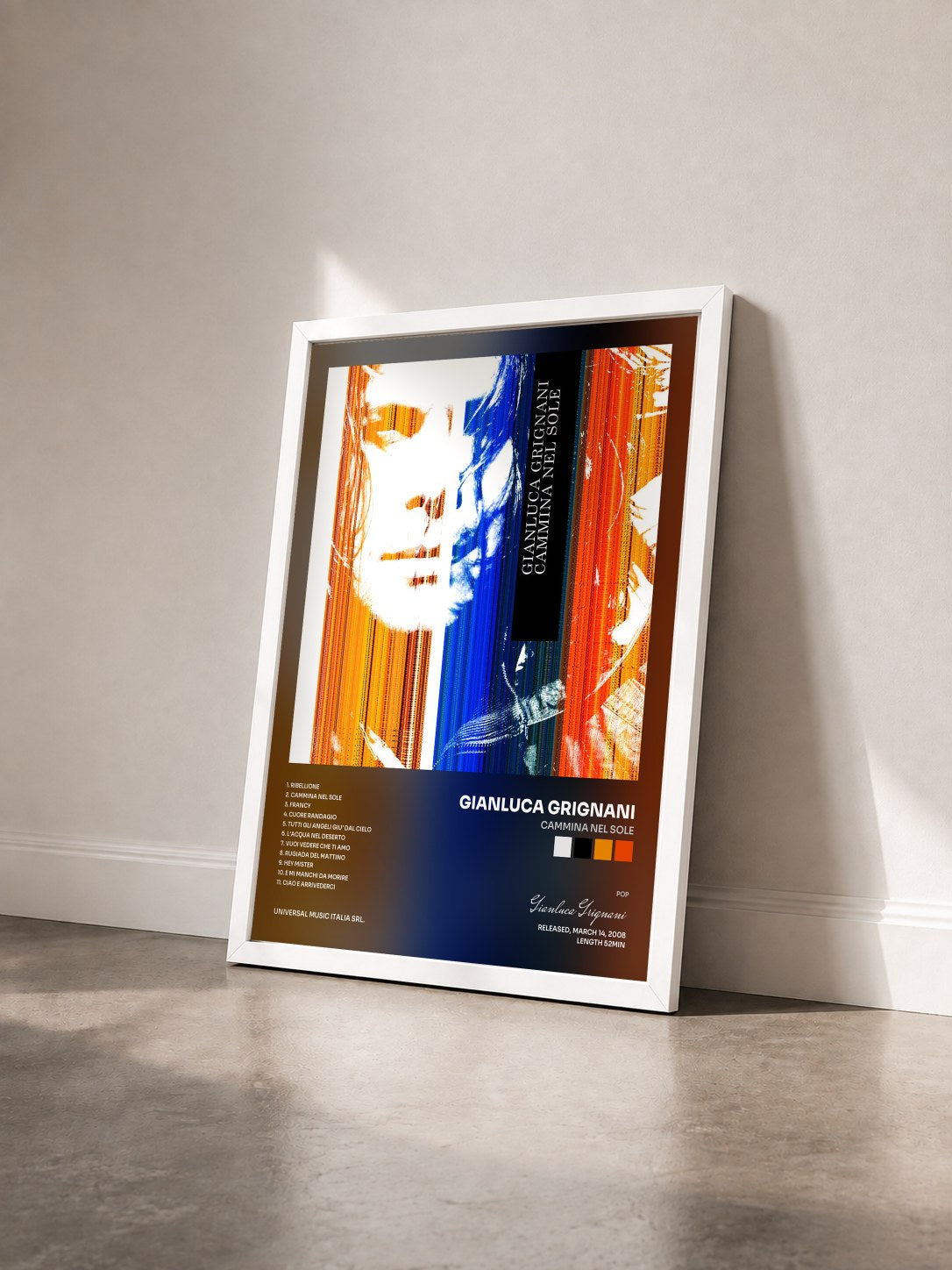#blanc Tableau de l'album Cammina Nel Sole de Gianluca Grignani vu de trois quarts, cadre blanc