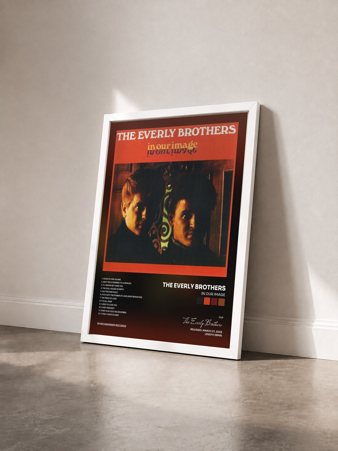 #blanc Tableau de l'album In Our Image de The Everly Brothers vu de trois quarts, cadre blanc