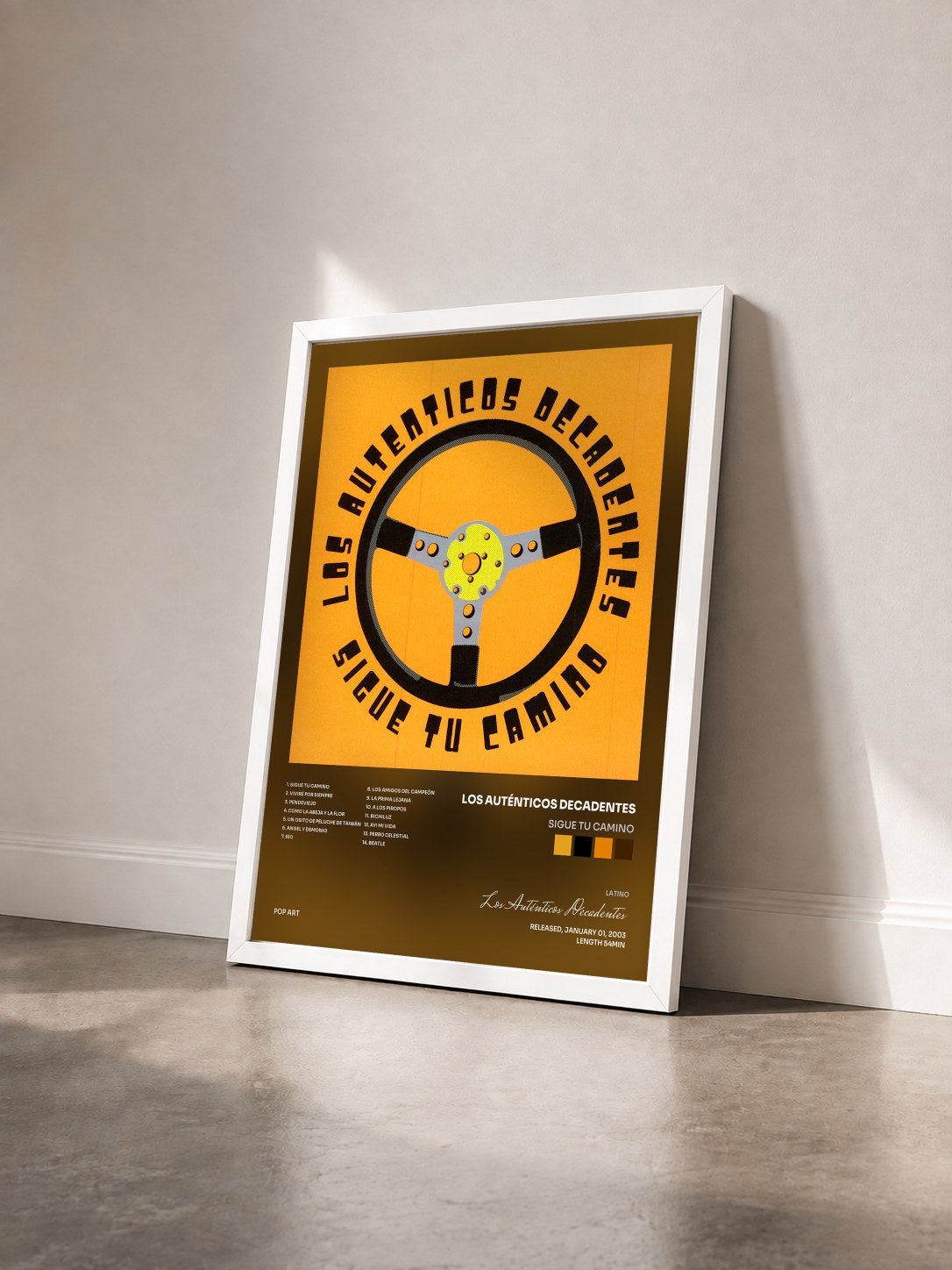 #blanc Tableau de l'album Sigue Tu Camino de Los Auténticos Decadentes vu de trois quarts, cadre blanc