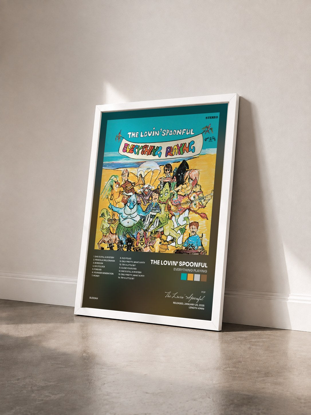 #blanc Tableau de l'album Everything Playing de The Lovin' Spoonful vu de trois quarts, cadre blanc