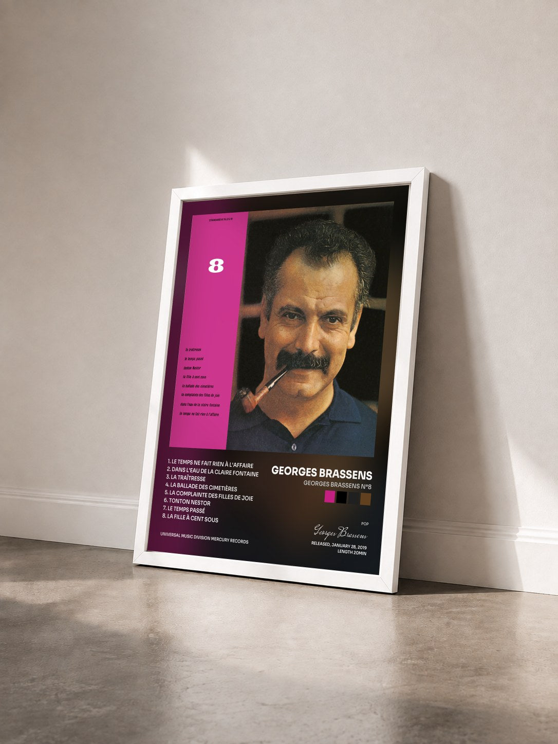 #blanc Tableau de l'album Georges Brassens N°8 de Georges Brassens vu de trois quarts, cadre blanc