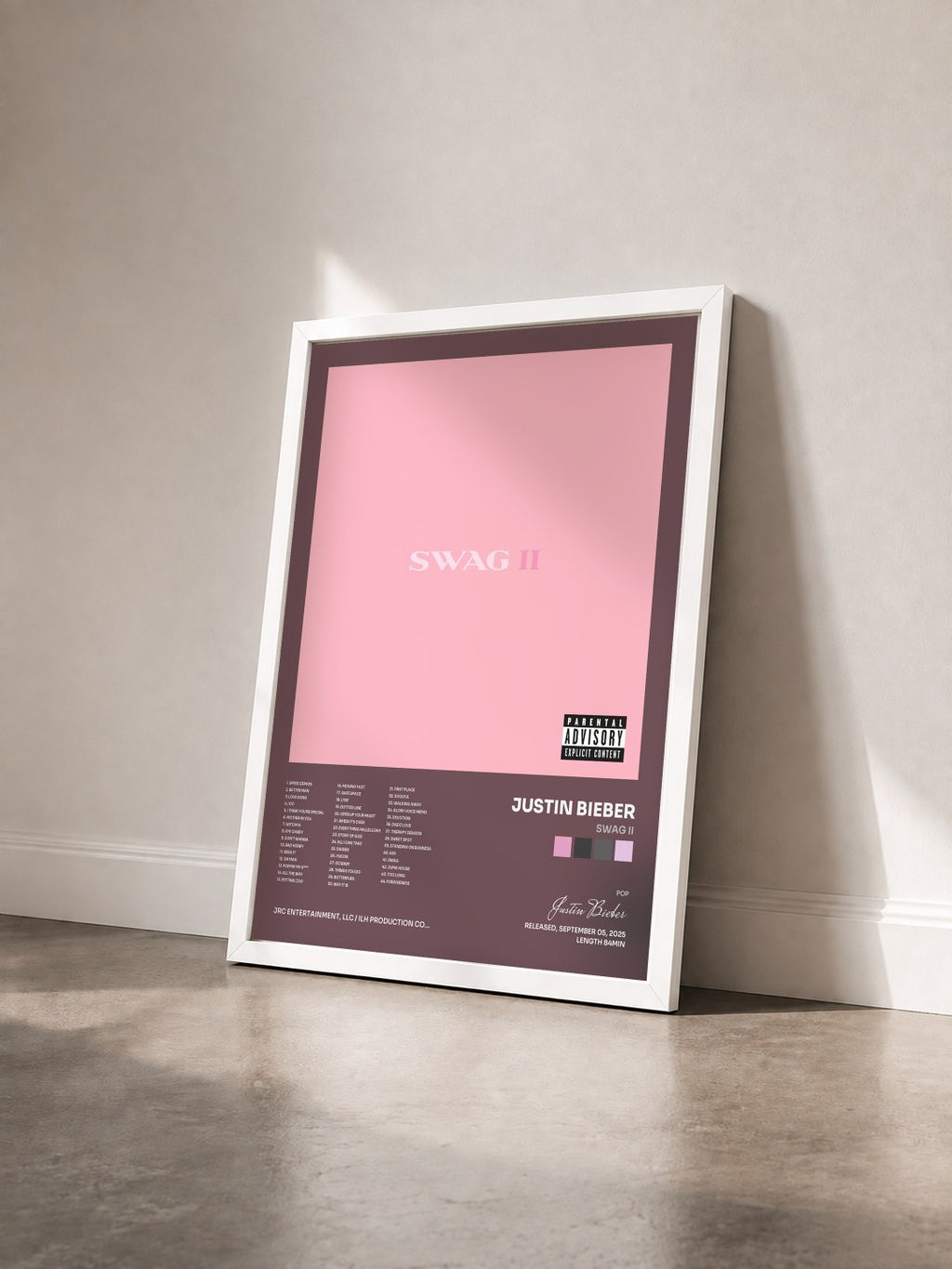 #blanc Tableau de l'album SWAG II de Justin Bieber vu de trois quarts, cadre blanc