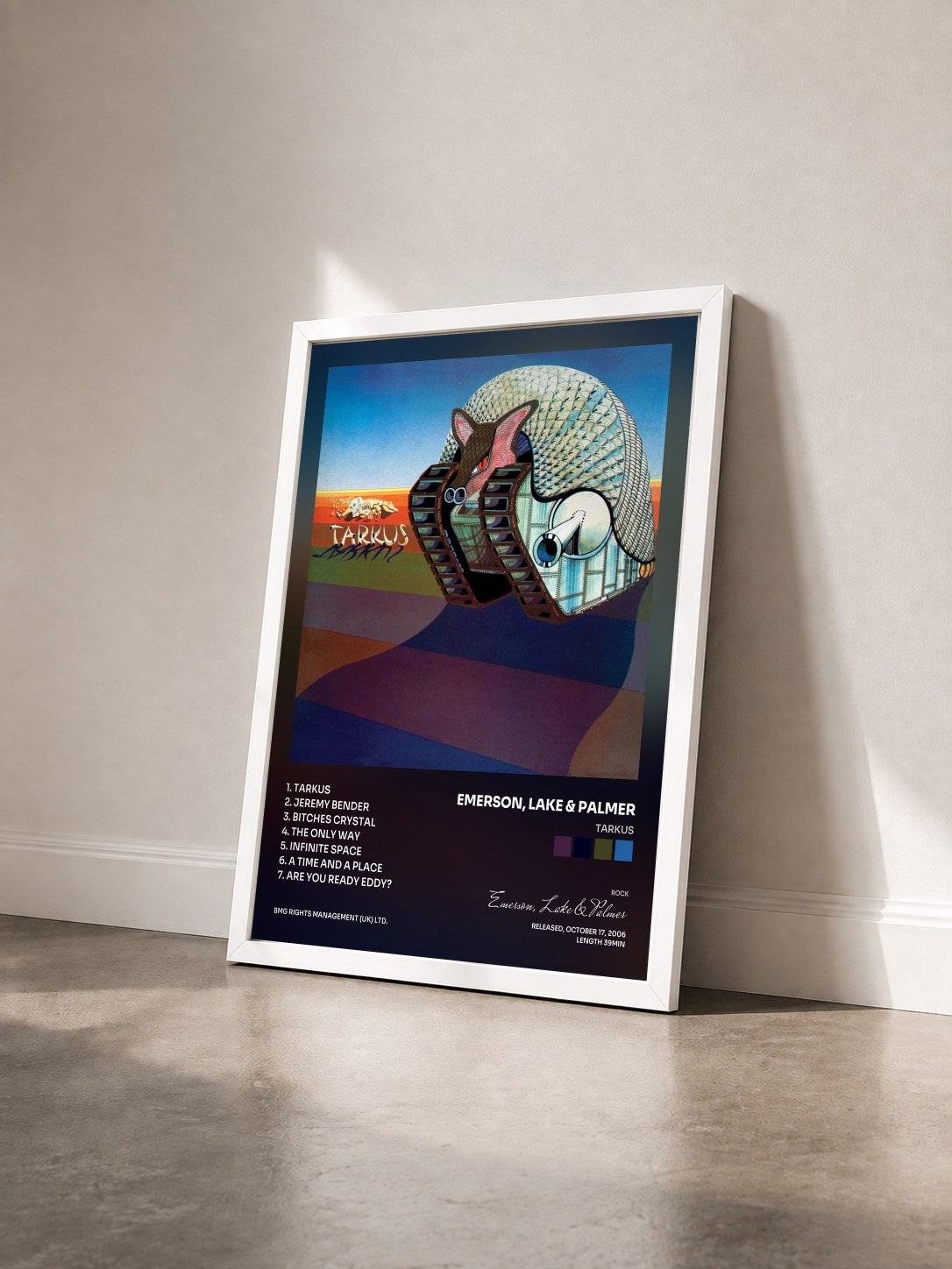 #blanc Tableau de l'album Tarkus de Emerson, Lake & Palmer vu de trois quarts, cadre blanc