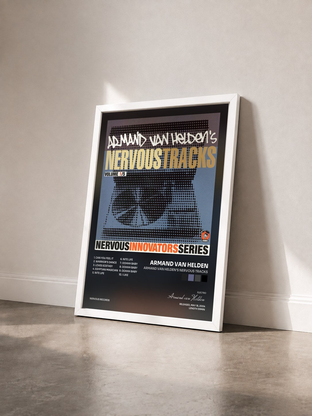 #blanc Tableau de l'album Armand Van Helden's Nervous Tracks de Armand van Helden vu de trois quarts, cadre blanc