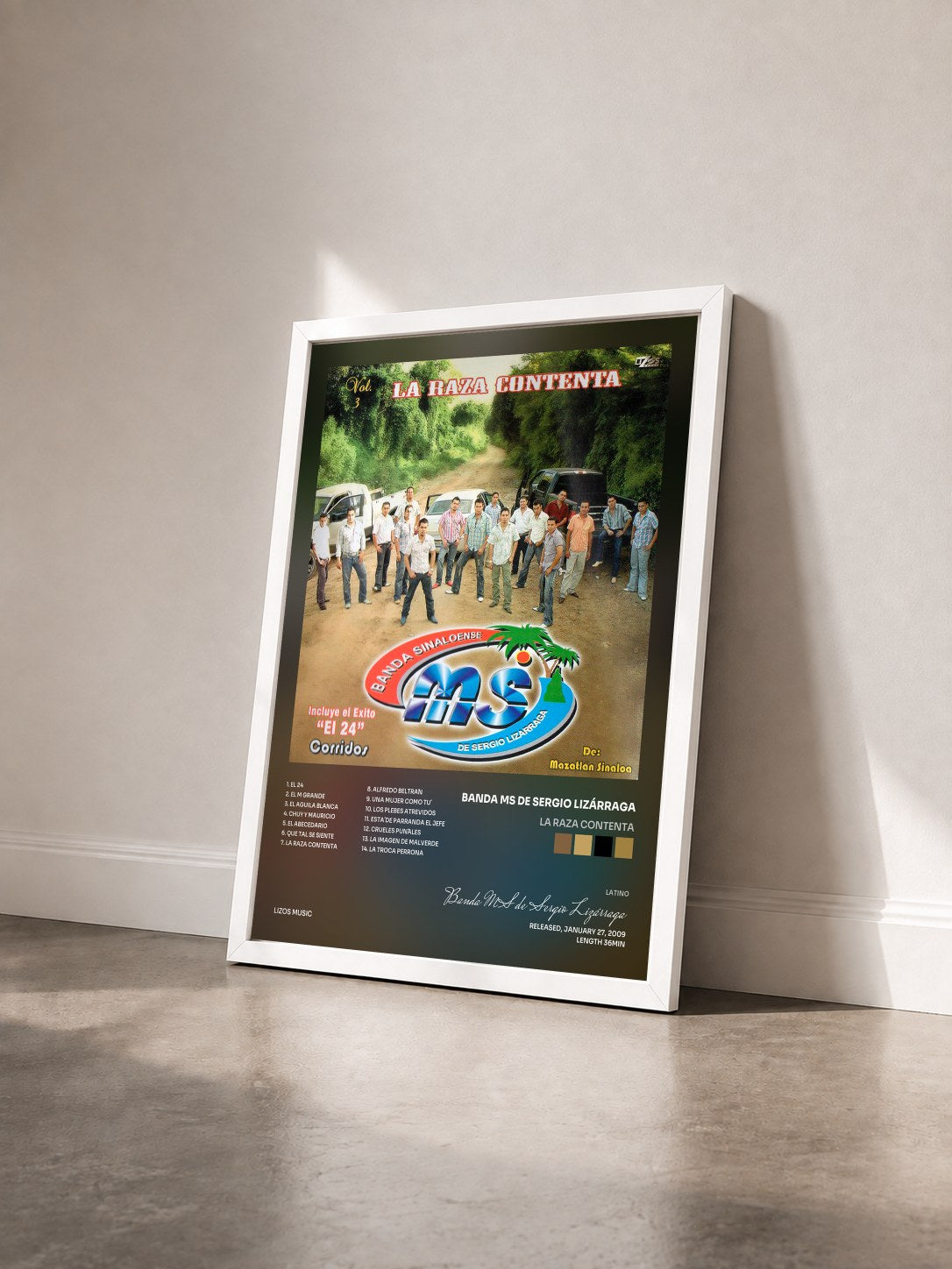 #blanc Tableau de l'album La Raza Contenta de Banda MS de Sergio Lizárraga vu de trois quarts, cadre blanc