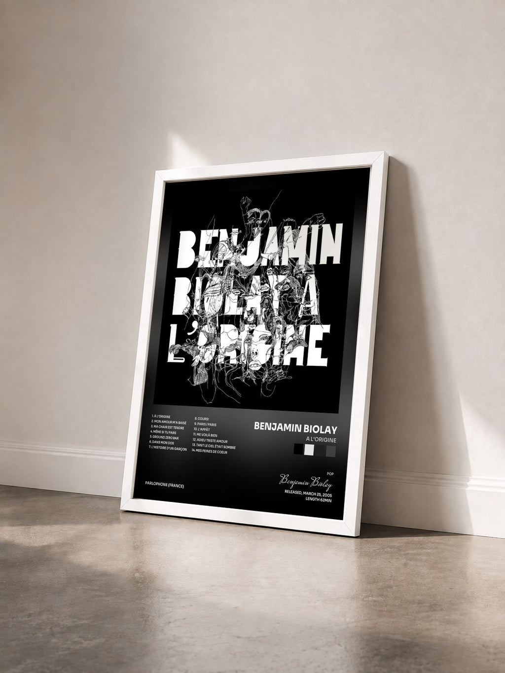 #blanc A L'Origine by Benjamin Biolay as a framed art print seen at an angle, white frame