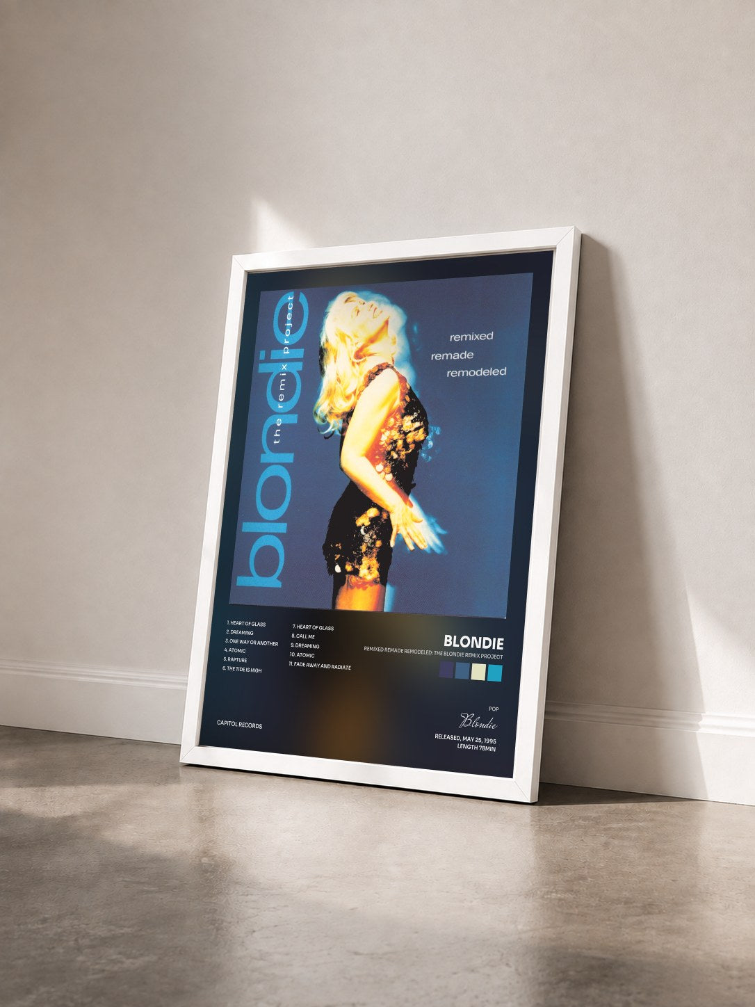 #blanc Tableau de l'album Remixed Remade Remodeled: The Blondie Remix Project de Blondie vu de trois quarts, cadre blanc