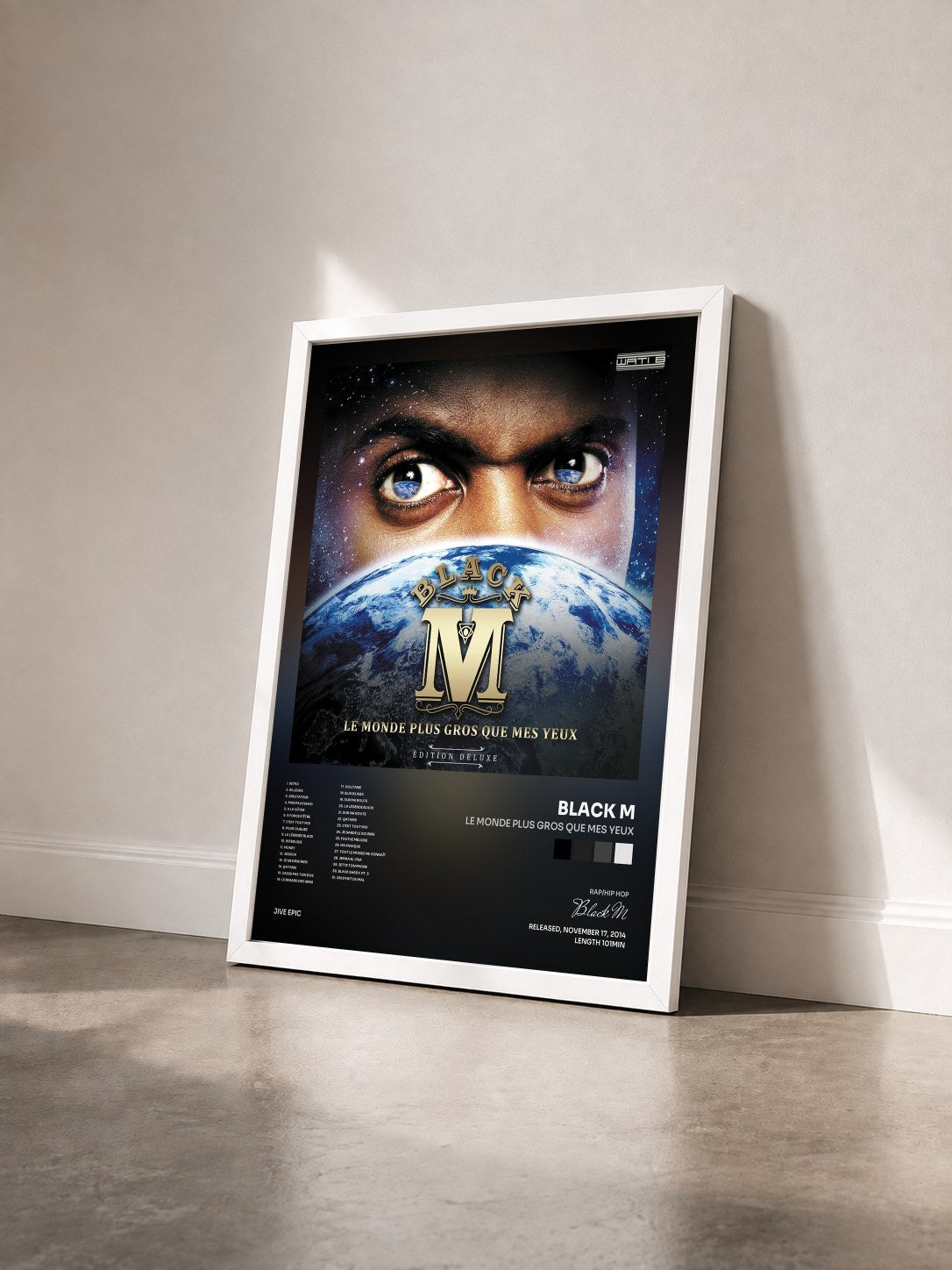 #blanc Tableau de l'album Le monde plus gros que mes yeux de Black M vu de trois quarts, cadre blanc
