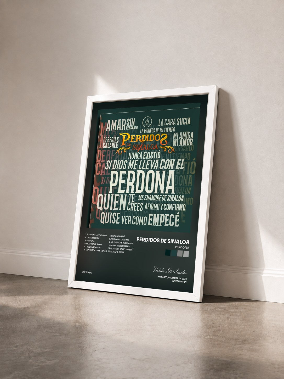 #blanc Tableau de l'album Perdona de Perdidos De Sinaloa vu de trois quarts, cadre blanc