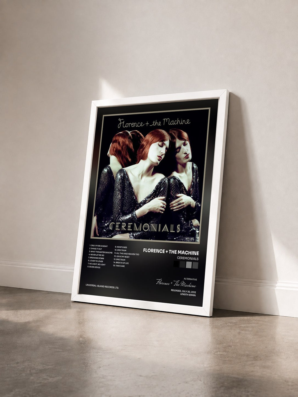 #blanc Tableau de l'album Ceremonials de Florence + The Machine vu de trois quarts, cadre blanc