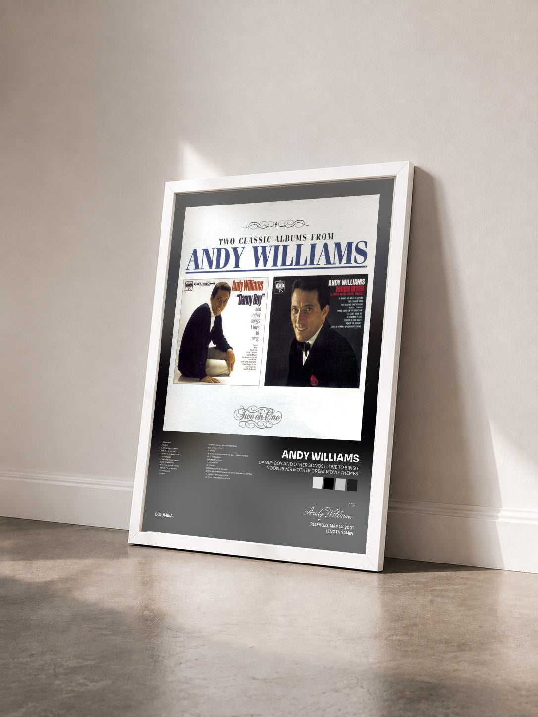#blanc Tableau de l'album Danny Boy and Other Songs I Love To Sing / Moon River & Other Great Movie Themes de Andy Williams vu de trois quarts, cadre blanc