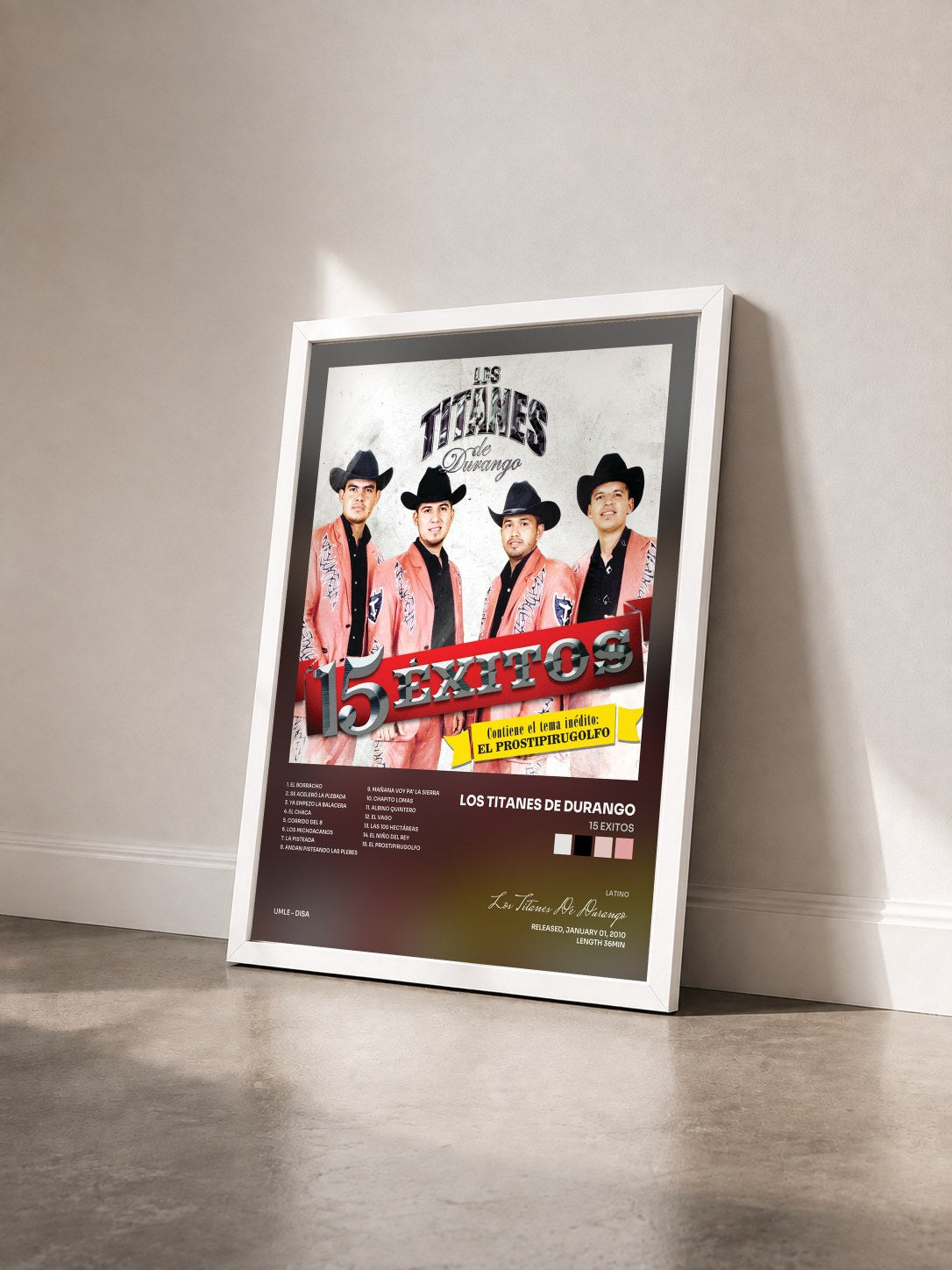 #blanc Tableau de l'album 15 Exitos de Los Titanes De Durango vu de trois quarts, cadre blanc