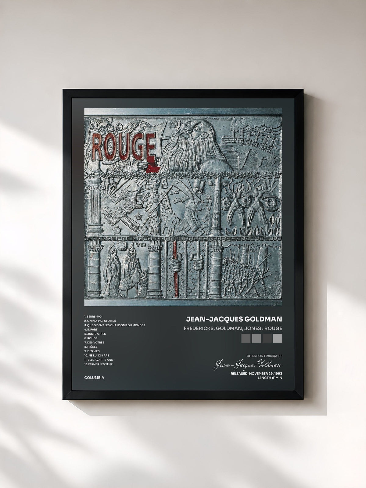 #noir Tableau de l'album Fredericks, Goldman, Jones : Rouge de Jean-Jacques Goldman, cadre noir, imprimé et encadré en France
