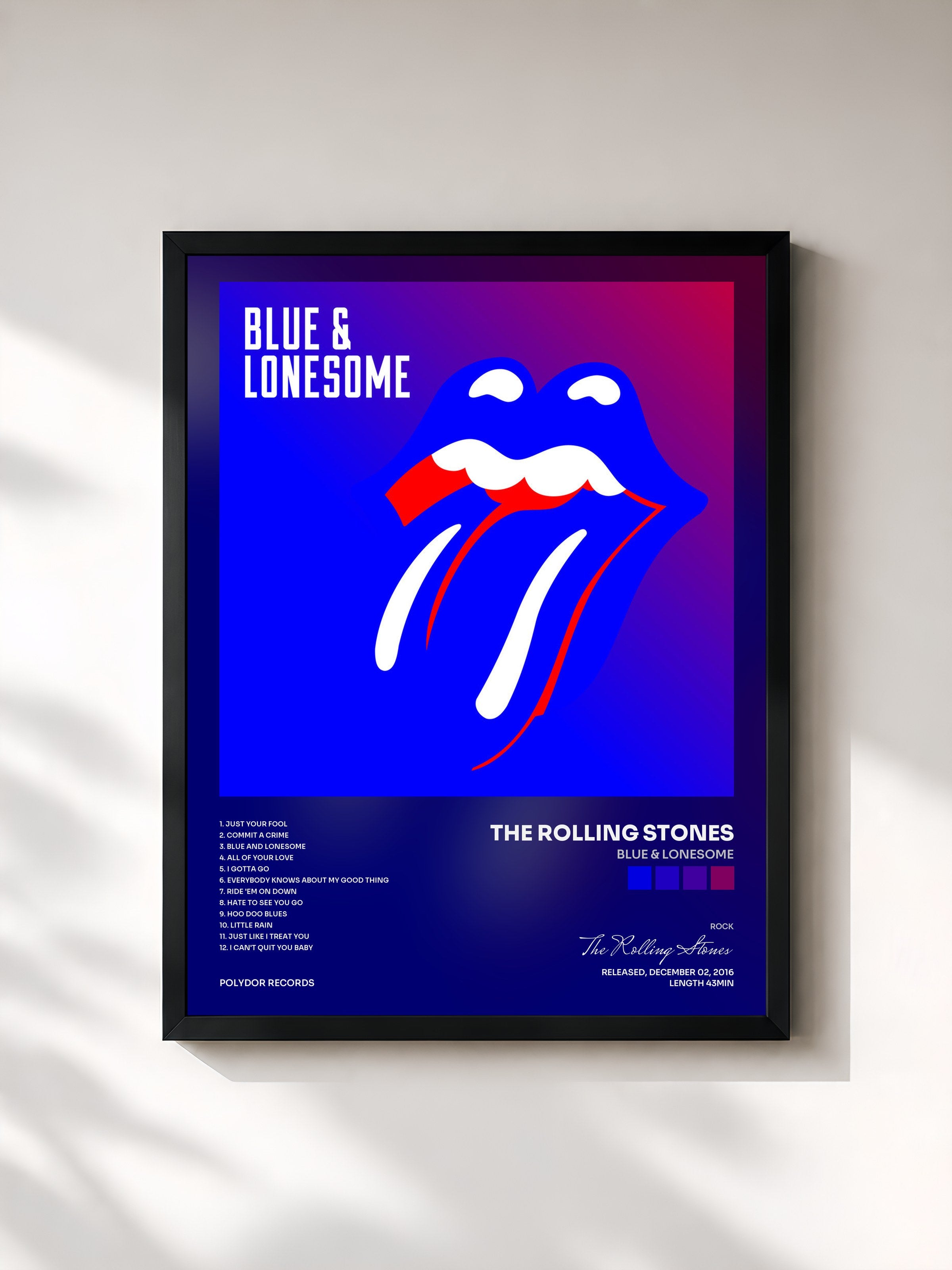 #noir Tableau de l'album Blue & Lonesome de The Rolling Stones, cadre noir, imprimé et encadré en France