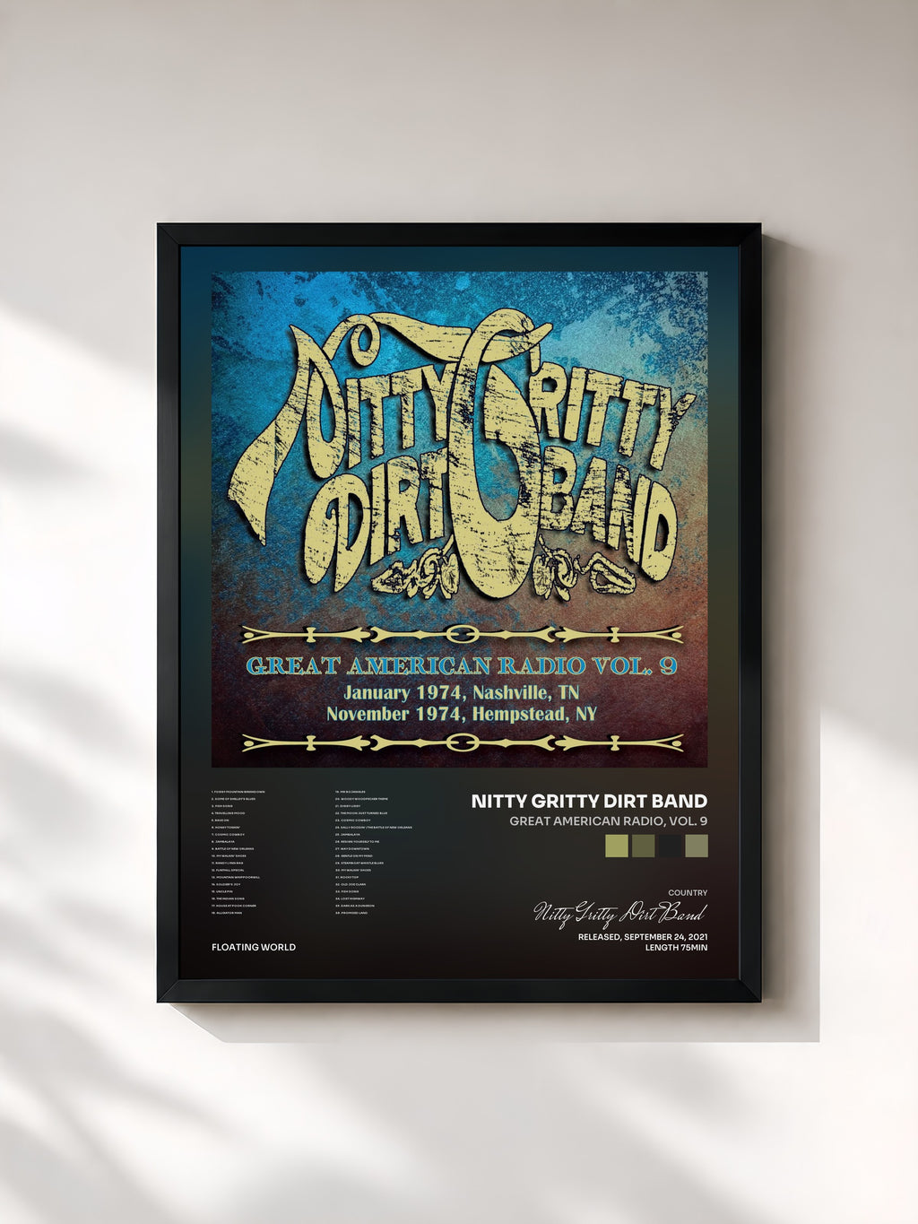 #noir Tableau de l'album Great American Radio, Vol. 9 de Nitty Gritty Dirt Band, cadre noir, imprimé et encadré en France