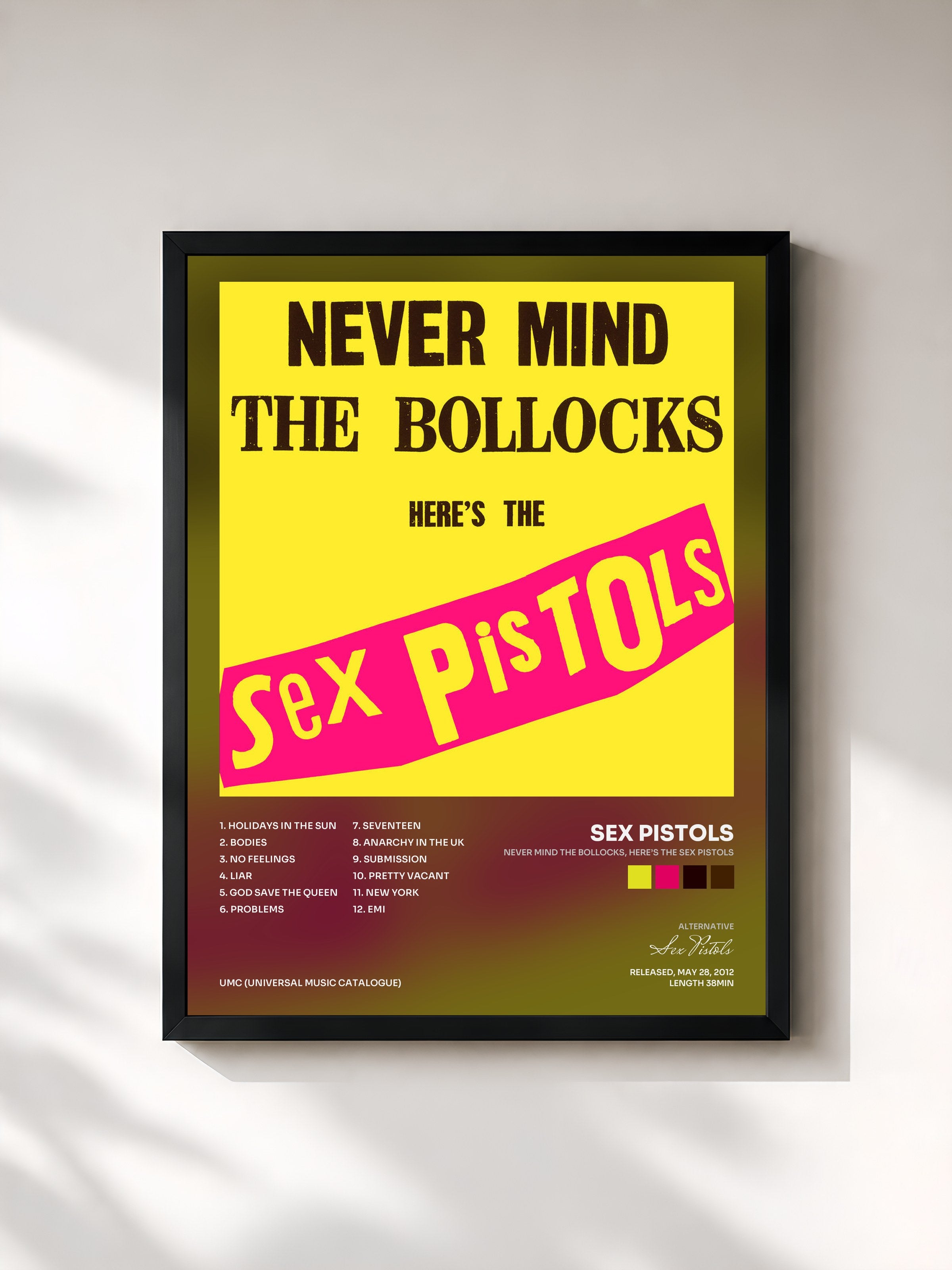 #noir Tableau de l'album Never Mind The Bollocks, Here’s The Sex Pistols de Sex Pistols, cadre noir, imprimé et encadré en France